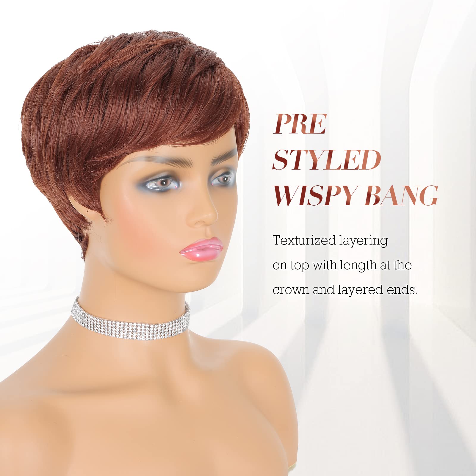 Feshfen Pixie Cut Wigs Synthetic Short Auburn Pixie Haircut Wig With Bangs Glueless Layered Wig Wavy Wigs For Women, Daily Cospl
