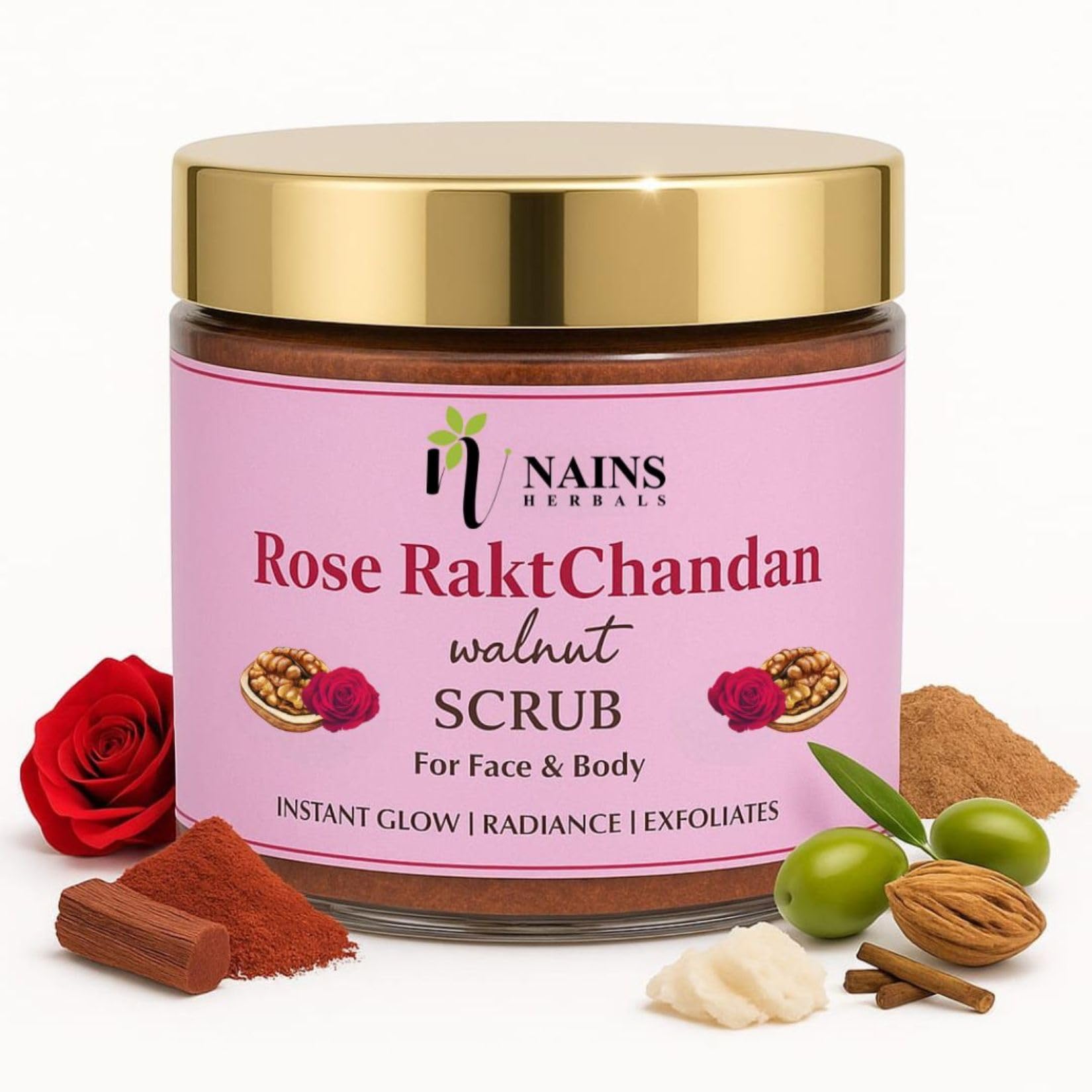 Nains Herbals Rose Rakhtchandan Walnut Face Body Scrub For Glowing Skin With Shea Butter, Olive Oil | Dead Skin Tan Removal, Bri