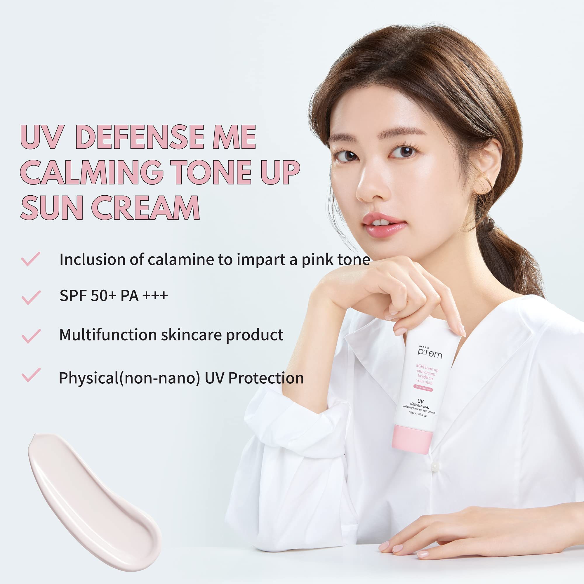 MAKEPREM UVA UVB Defense Me Calamine Calming Sun Cream SPF 50+ PA++++ 1.69 Fl Oz Korean Mineral Sunblock VEGAN Sunscreen Reef-sa