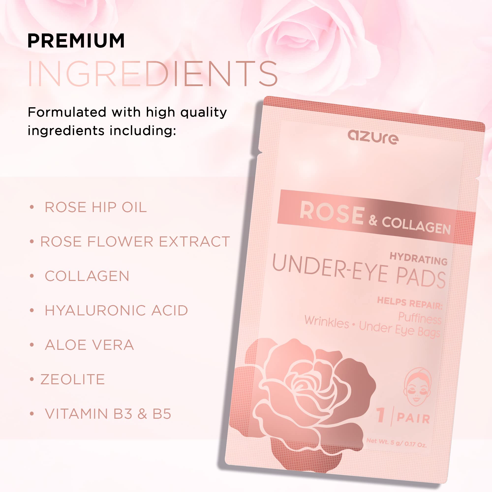 Azure Rose & Collagen Hydrating Under Eye Pads - Anti Aging, Revitalizing & Moisturizing Eye Mask Patches - Reduces Fine Lines,
