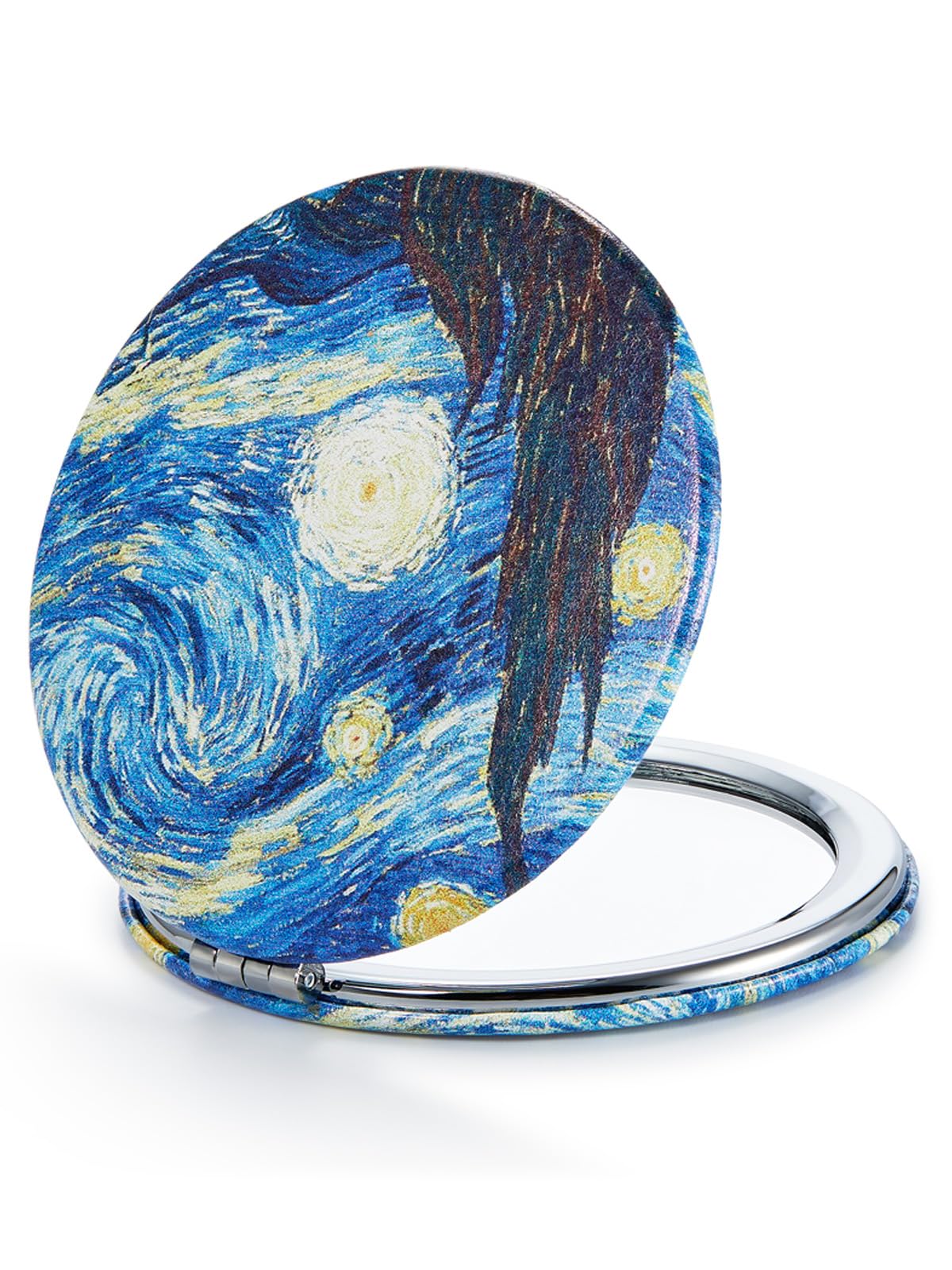 Omiro 1X/10X(300R) Compact Magnifying Mirror, Unique Painting Pocket Mirror With Classical Pu Leather (Round,Starry Night)