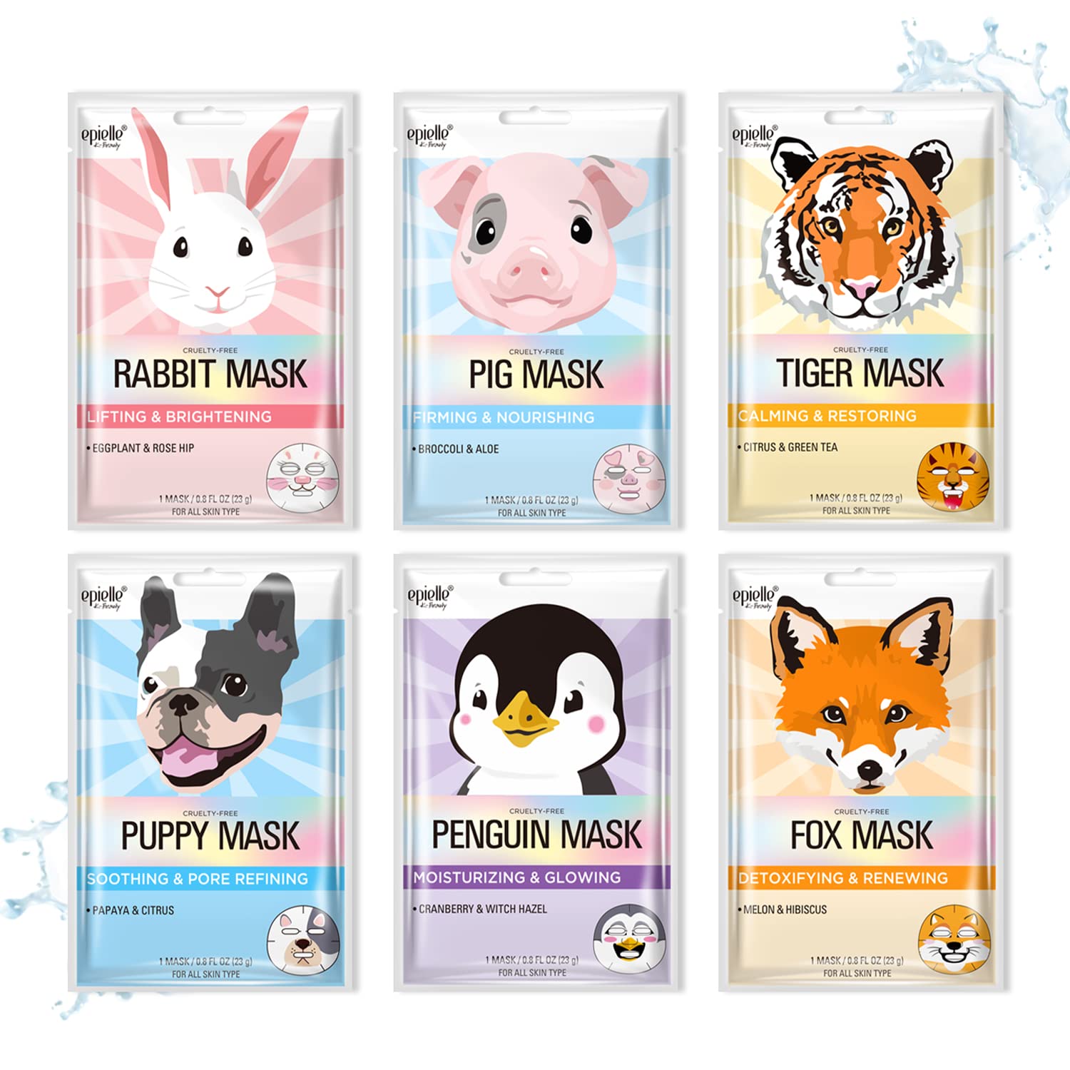 Epielle Animal Character Sheet Masks | Korean Beauty Masks For All Skin Types | Pack Of 6 | Birthday Party Gift, Girls' Night, S
