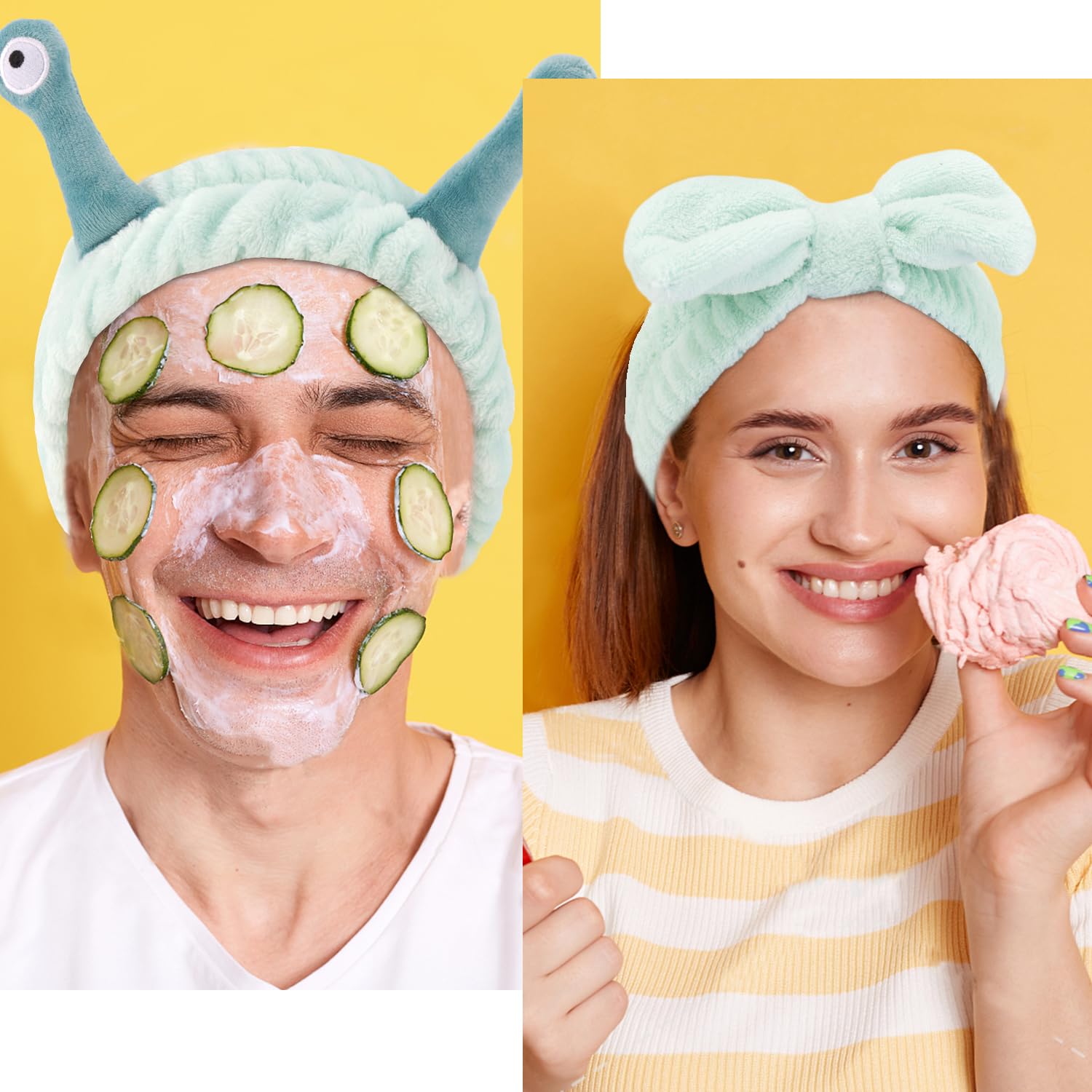 Atoden Spa Headband and Wristband Set Skincare Headband Makeup Headband Bowknot Snail Headbands Wrist Bands for Washing Face Cut