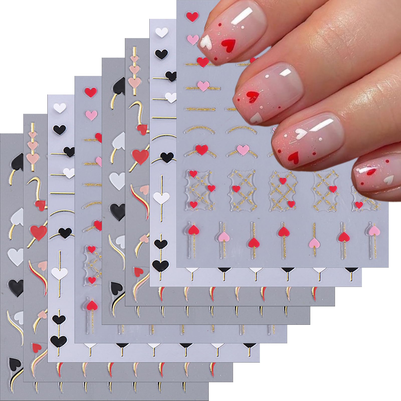 LBPEPAMZ 8Sheet Valentine's Day Nail Stickers Pink Red Heart Nail Art Stickers Gold Line White Black Love Heart Nail Supplies fo