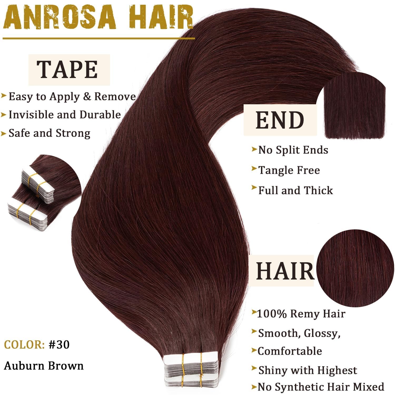Anrosa 20 Inch Tape In Hair Extensions Human Hair Real Remy Human Hair Tape In Premium Quality Silky Hair Natural Hair Extension