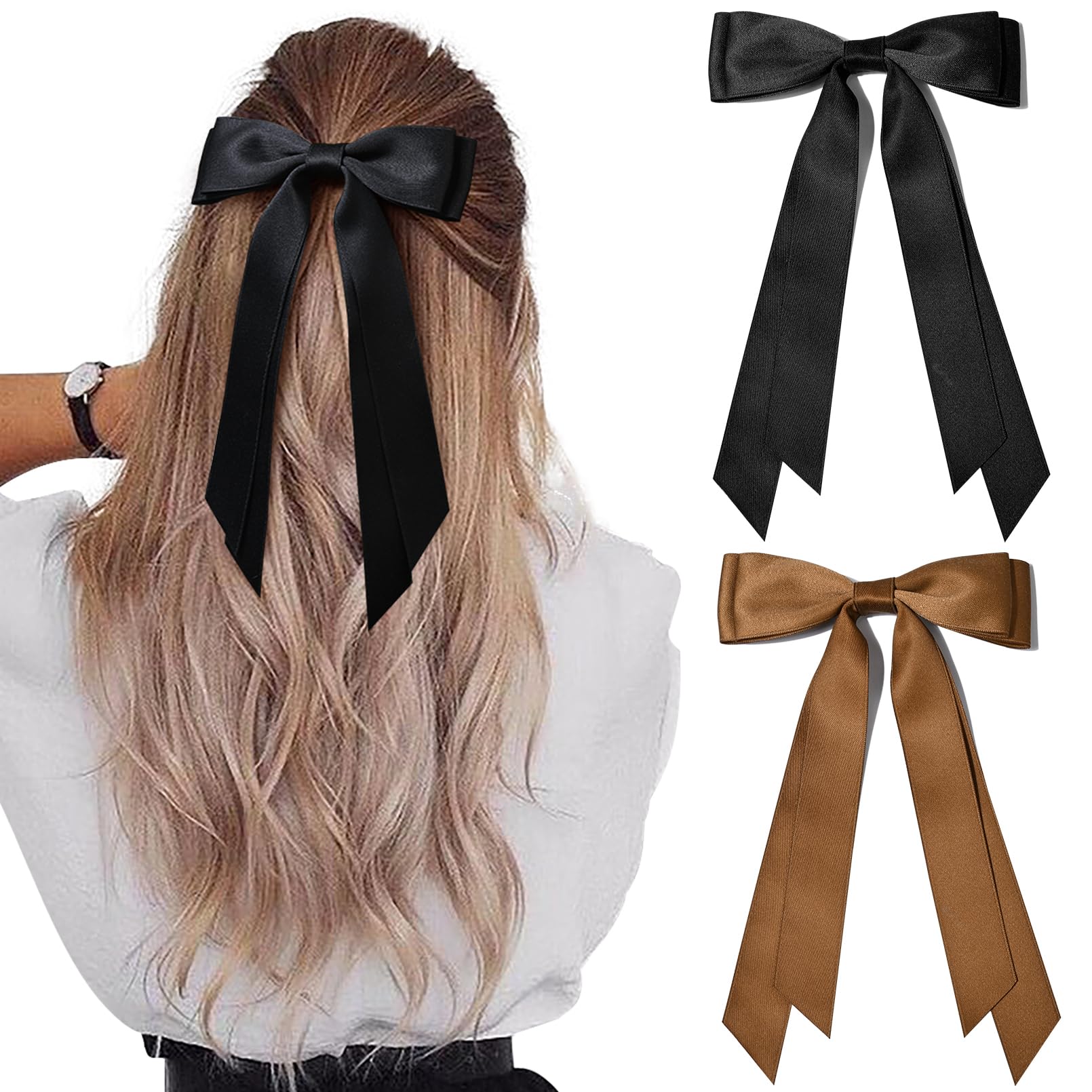 2PCS Silky Satin Hair Bows Hair Clip Black Brown Hair Ribbon Ponytail Holder Accessories Slides Metal Clips Hair Bow for Women G