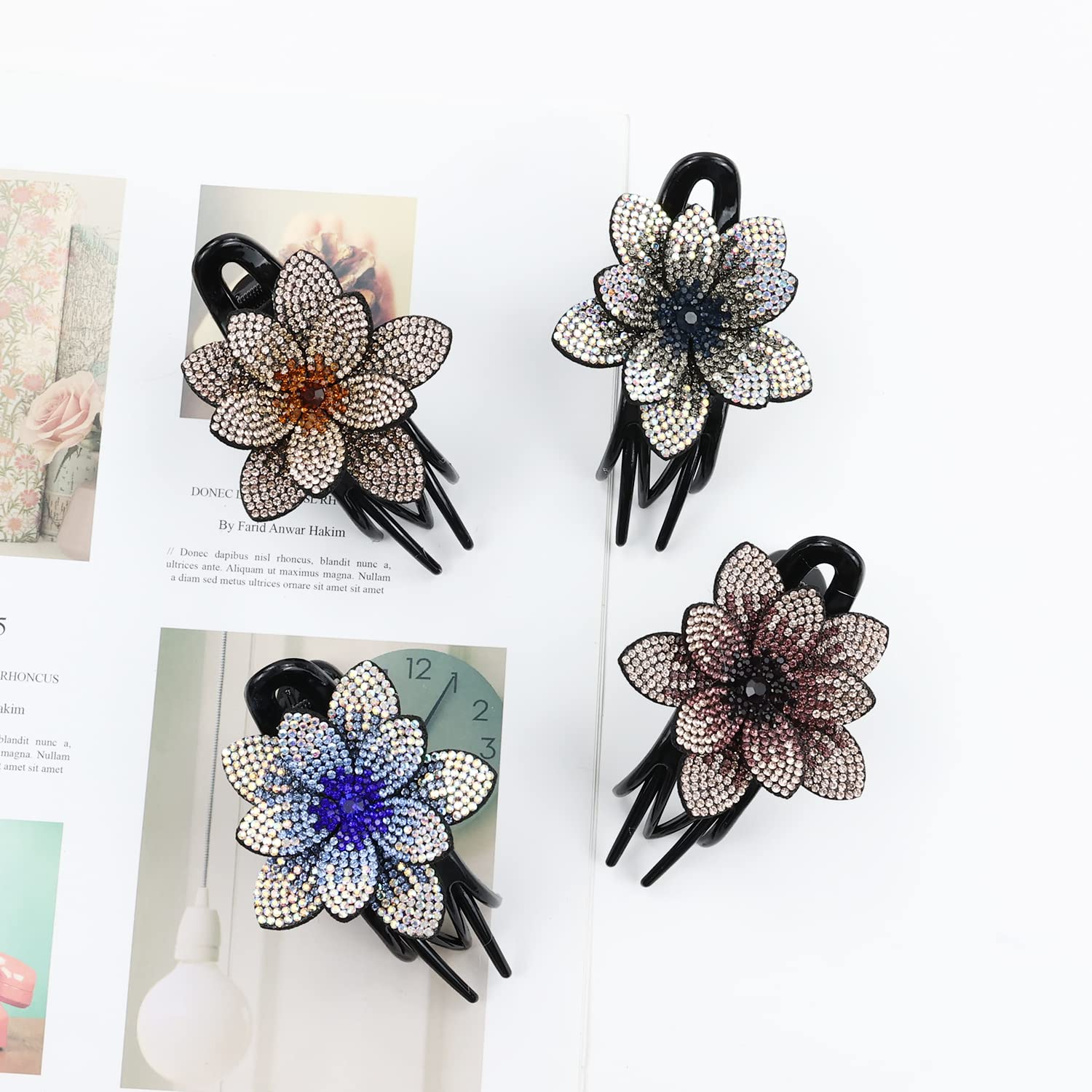 Insowni 4 Pack Luxury Fancy Decorative Glitter Sparkly Crystals Rhinestones Big Flower Hair Claws Clips Barrettes Hairpins Clamp