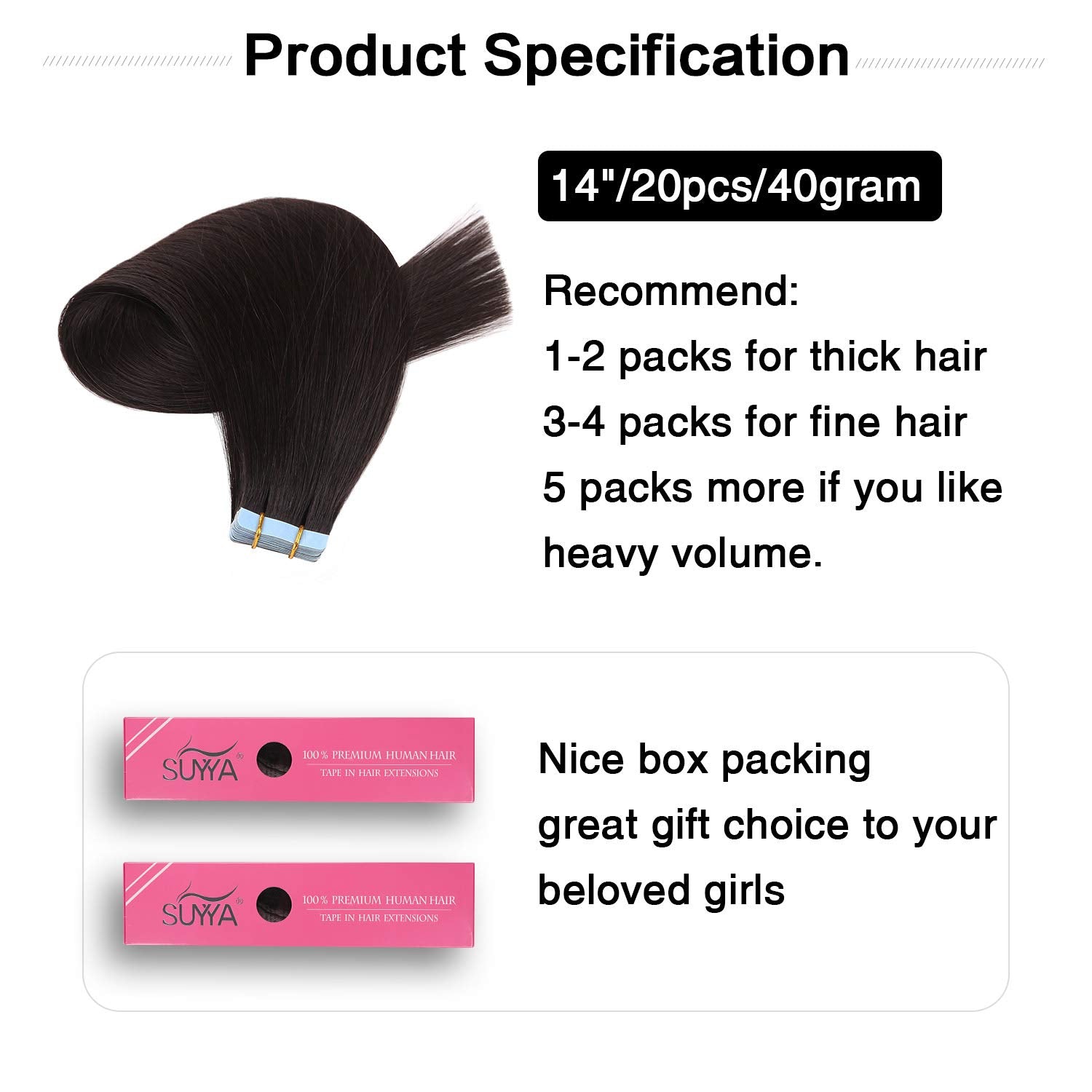 Suyya Tape In Hair Extensions Remy Human Hair 14 Inches 40G/Pack 20Pcs Straight Seamless Skin Weft Natural Black Tape In Extensi