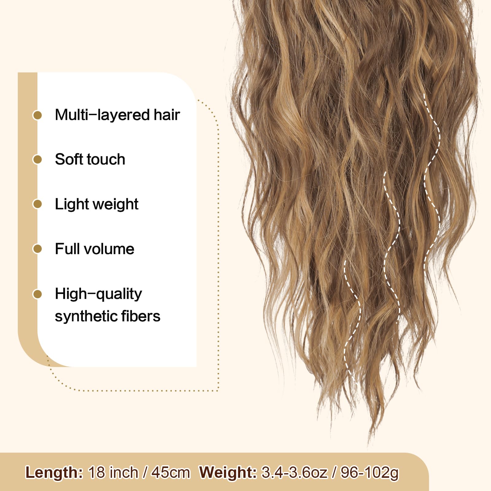 Feshfen Ponytail Extensions, Drawstring Ponytails Hair Extension Golden Brown Mix Blonde Long Curly Wavy Hair Piece Synthetic Po