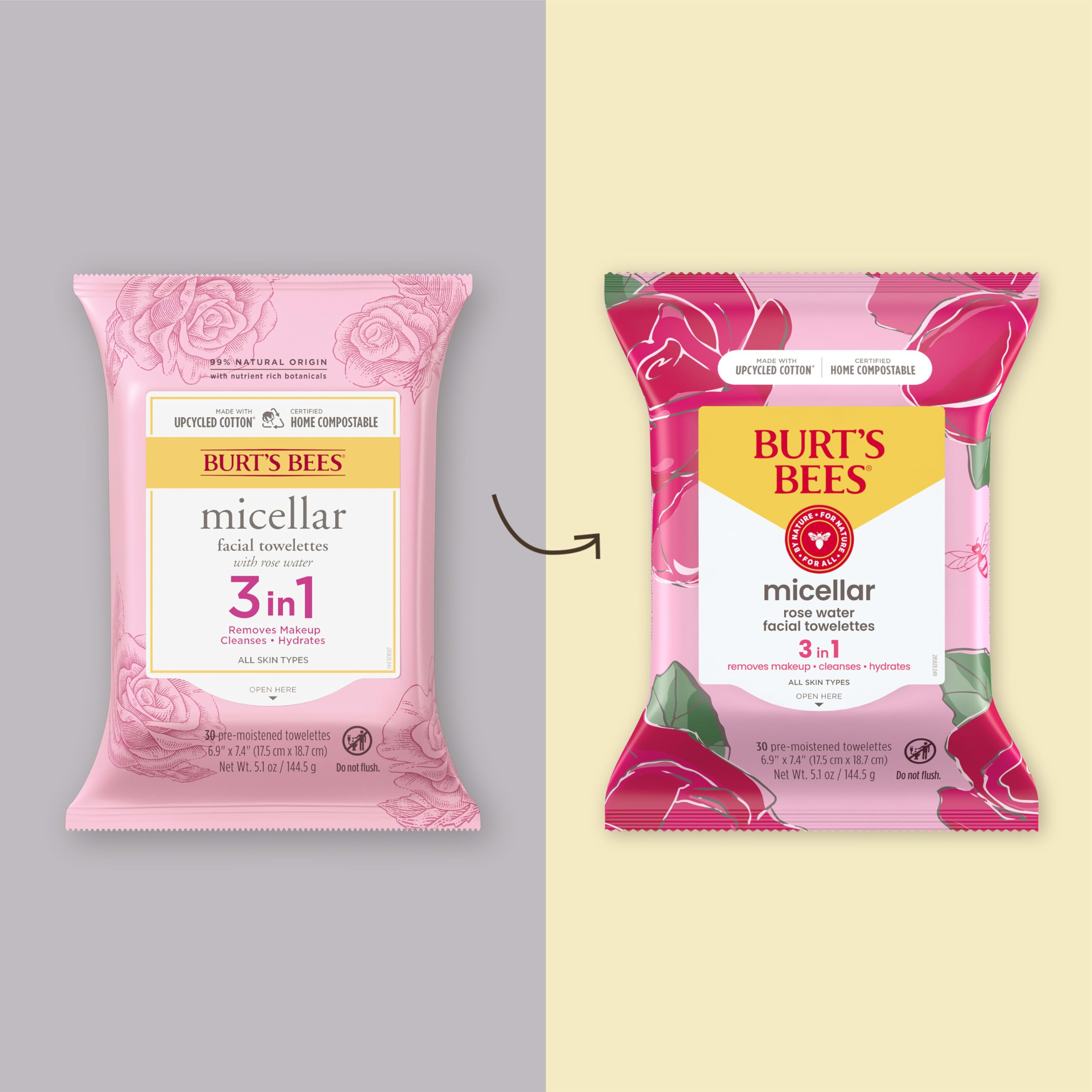 Burt'S Bees Micellar Facial Towelettes With Rose Water, Pre-Moistened Towelettes For All Skin Types, 99.5 Percent Natural Origin