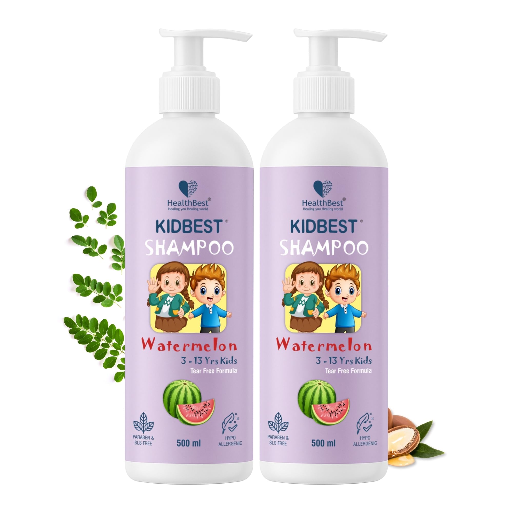 Healthbest Tear-Free Kids Hair Shampoo 500Ml Watermelon (Pack Of 2) Soft & Shiny Hair With Organic Argan, Moringa & Coconut Oil,