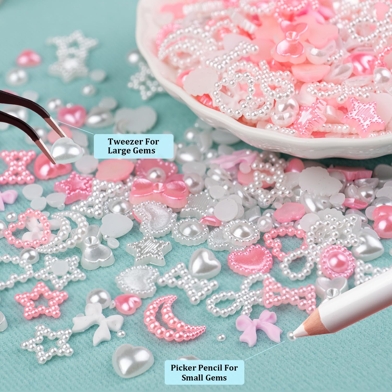 1200Pcs 3D Multi Shapes Nail Charms and Flatback Pearls, White&Pink Mix Styles Heart Star Bow Sunflower Embellishments for Nail