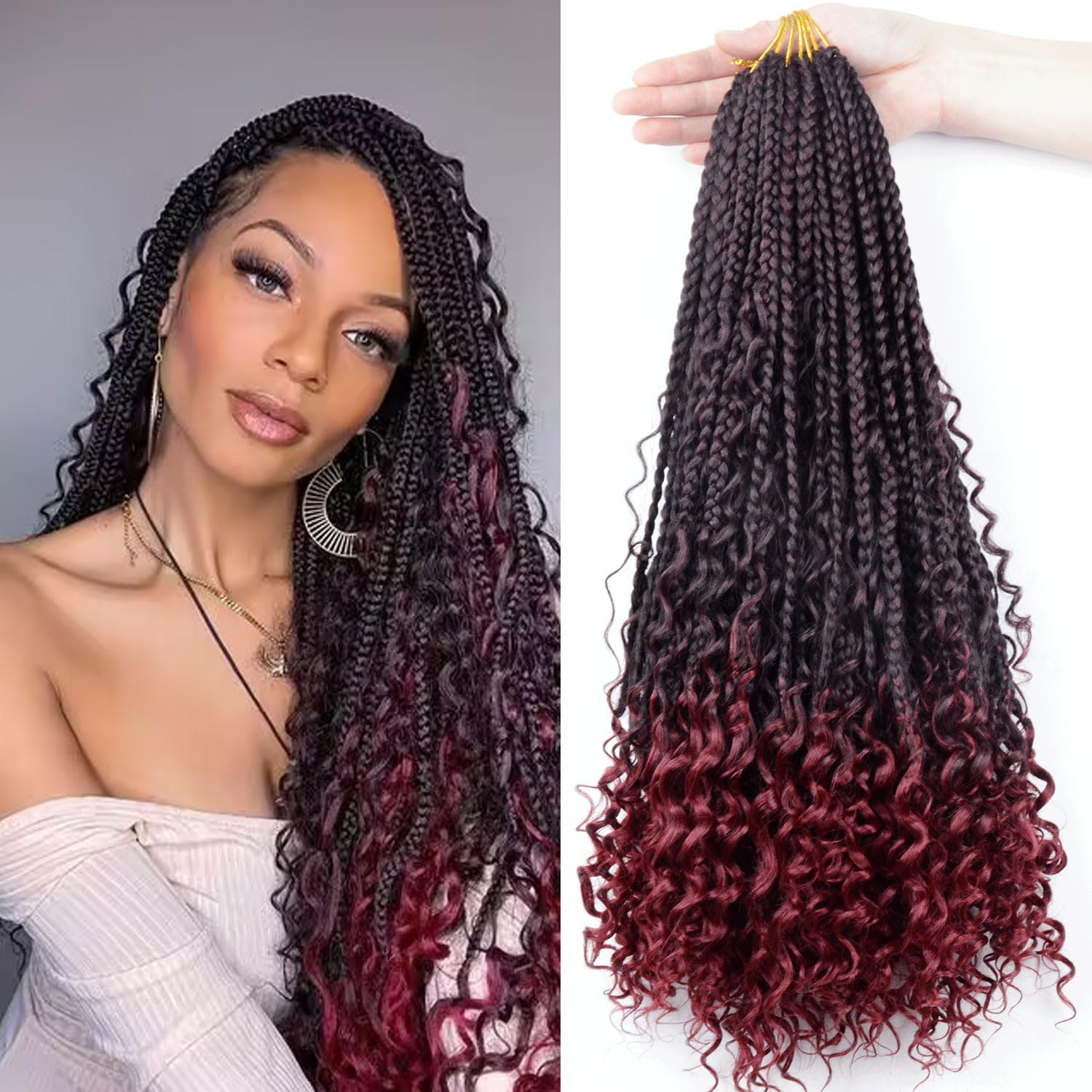 Goddess Bohemian Box Braids Crochet Hair 24 Inch Boho Crochet Box Braids With Curly Ends,8 Packs Bohomian Box Braids Crochet Hai