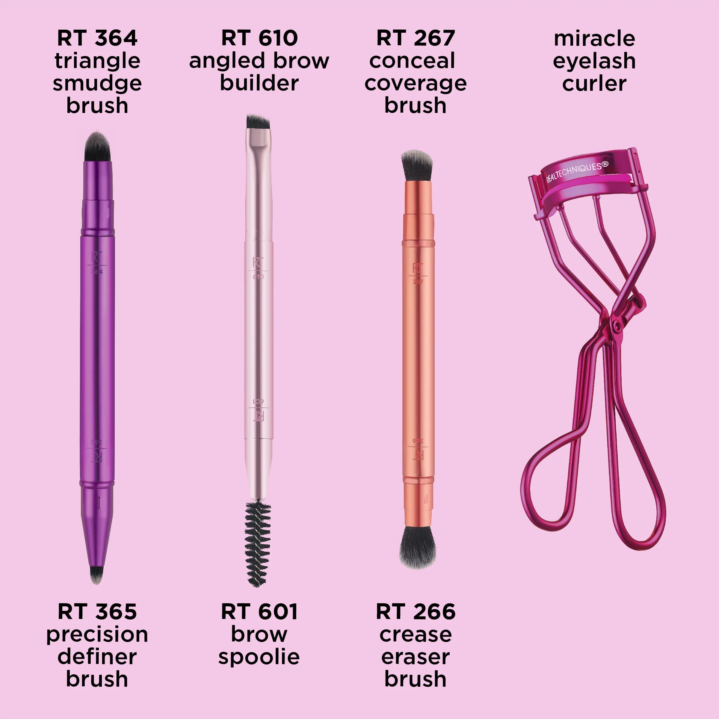 Real Techniques Double Time Brush + Lash 4 Piece Set, Dual-Ended Eye Makeup Brushes For Eyeshadow & Brows, Travel-Friendly Brush