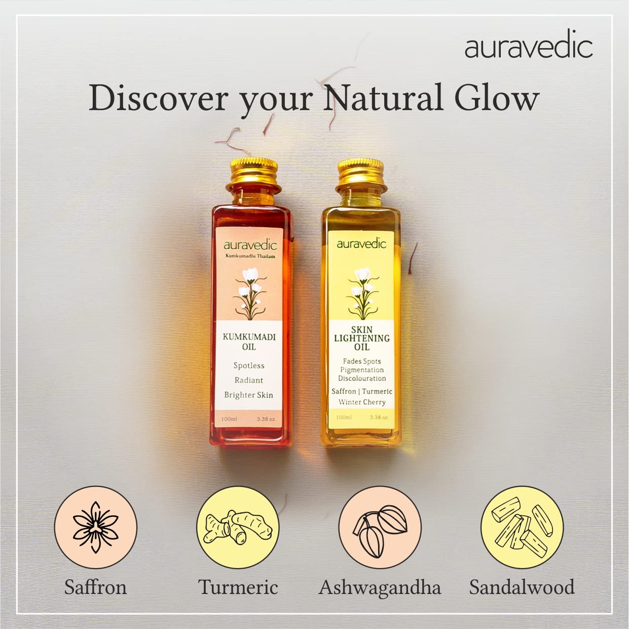 Auravedic Kumkumadi Oil & Skin Oil Combo | Saffron, Turmeric and Winter Cherry Infused Face Moisturizer | Hydrating & Moisturizi