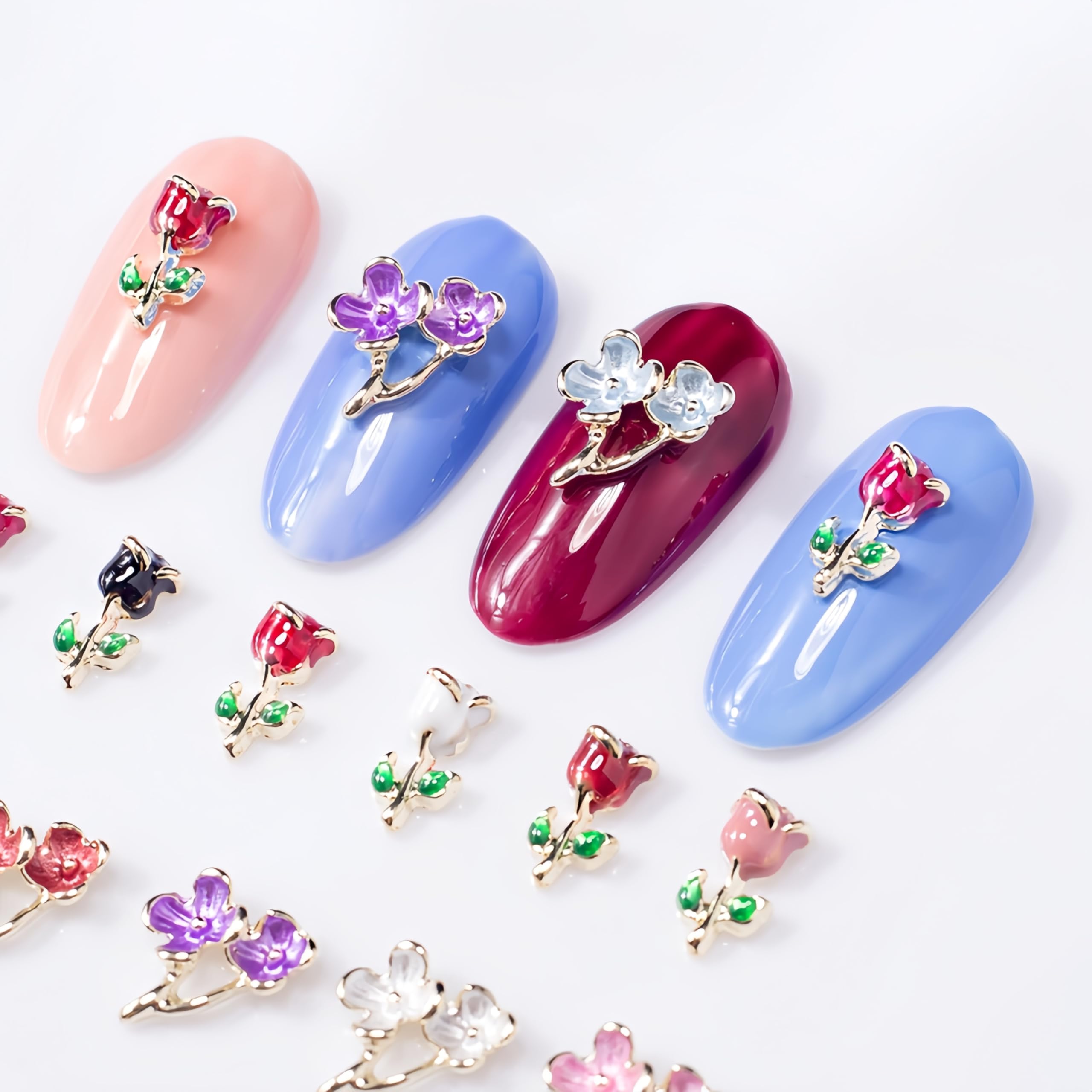 13Pcs Flower Nail Charms 3D Rose Metal Rose Flower Nail Rhinestones Crystal Peach Blossom Nail Design Nail Gems Charms Black Red