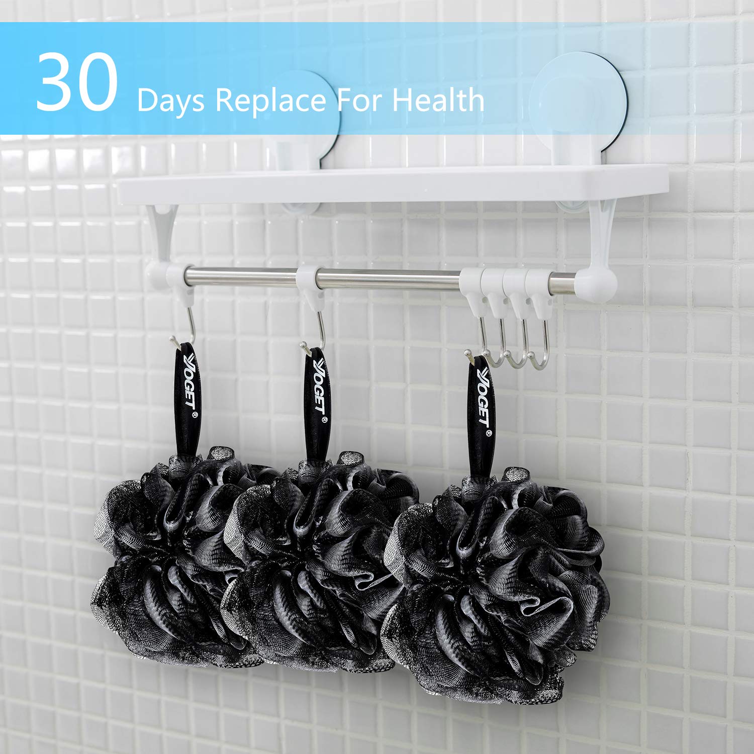 Yoget Charcoal Bath Loofah Sponge, 4 Pack Black 60G Large Shower Mesh Ball Soft Pouf Body Scrubber, Exfoliate, Cleanse, Soothe S
