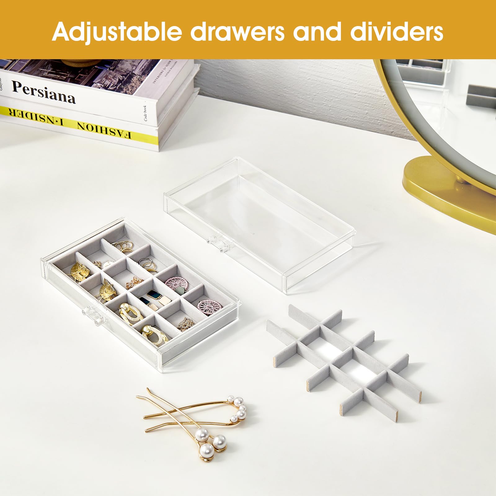 ProCase Earring Holder Organizer Jewelry Box with 3 Drawers, Acrylic Clear Earring Case with Adjustable Velvet Trays for Women -