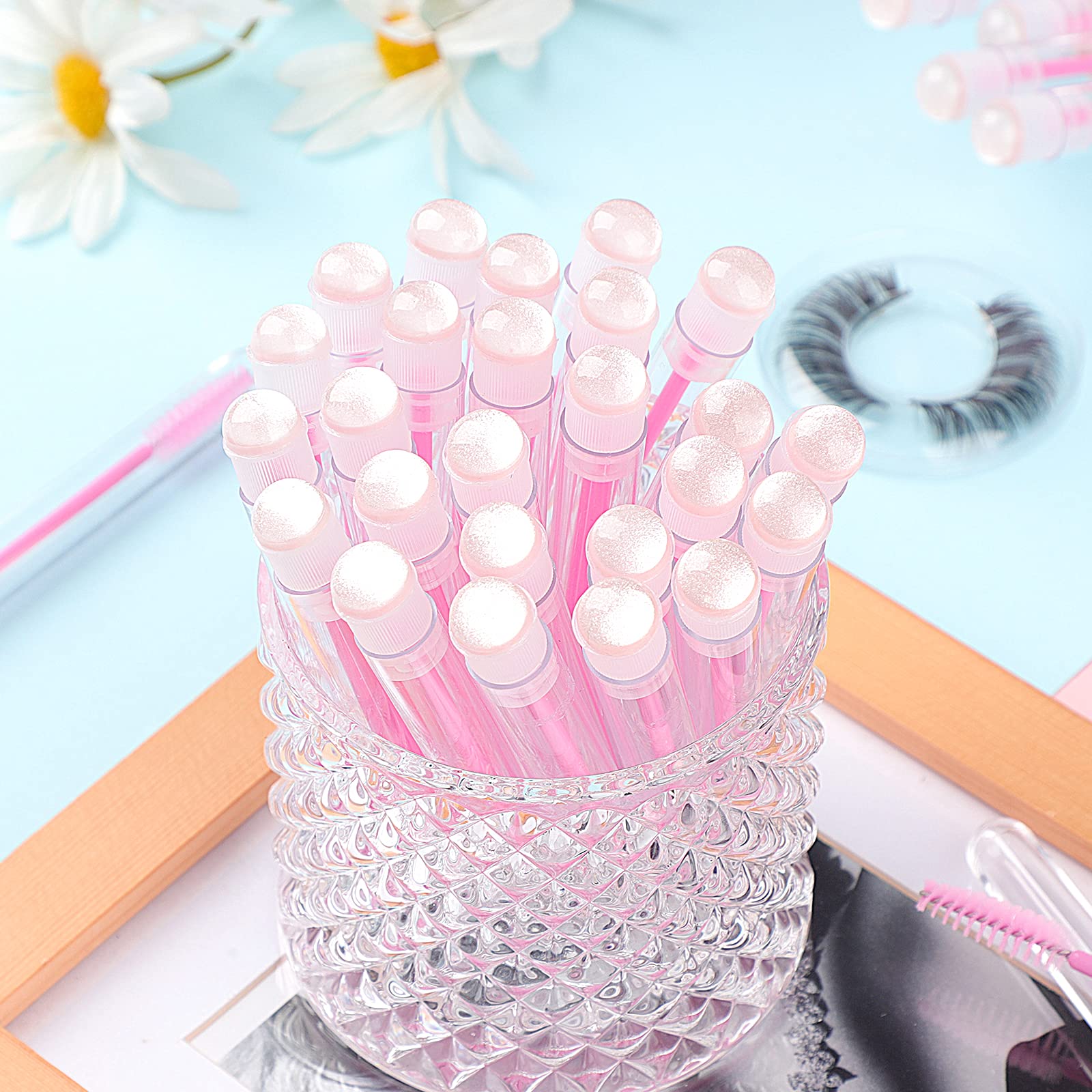 Dming 20 Pieces Disposable Mascara Brushes Eyelash Brush Wand Diamond Mascara Wands with Tube Makeup Tool Lash Spoolies Sanitary