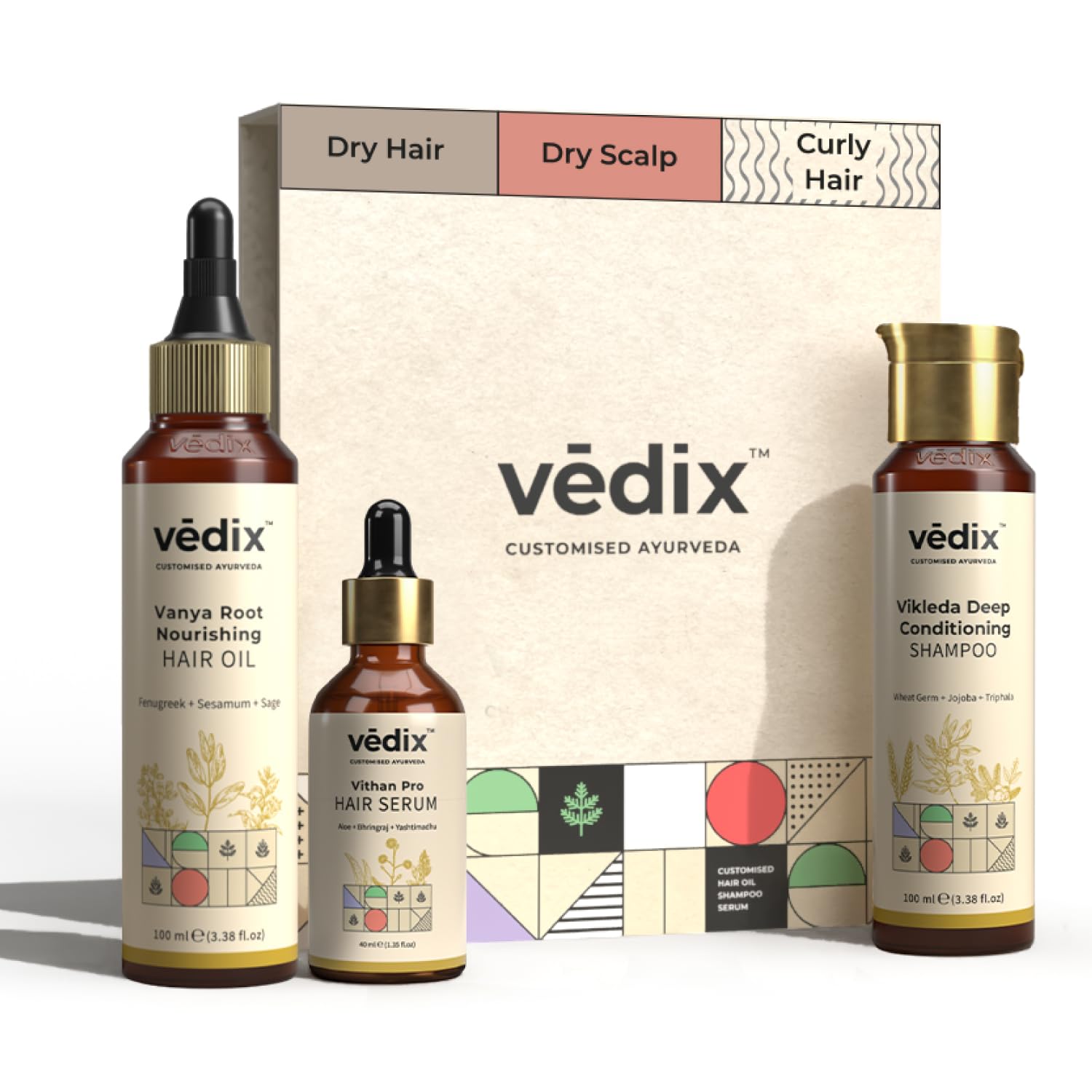 Vedix Customized Hair Fall Control Regimen For Dry/Scalp & Curly Hair - 3 Product Kit - Hair Oil - Shampoo - Vithan Pro Hair Gro
