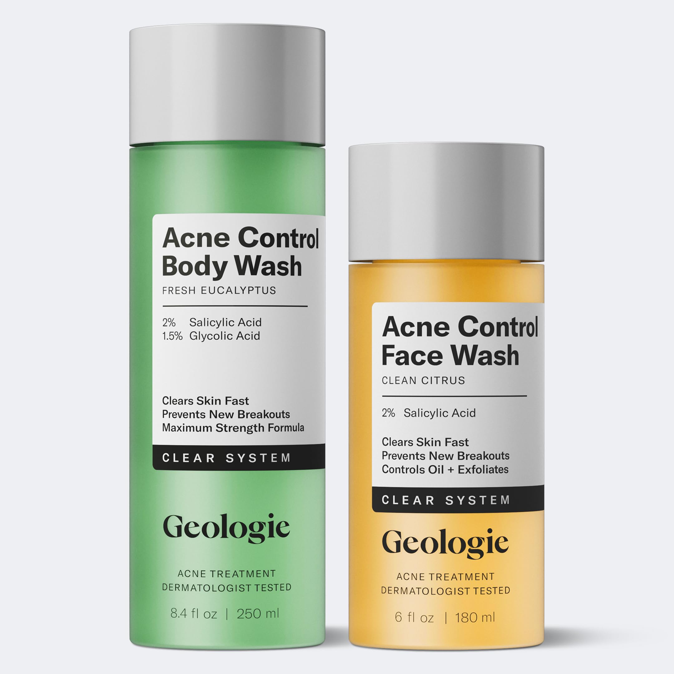 Geologie Acne Control Bundle, 2% Salicylic Acid Face Wash and SA/Glycolic Body Wash, Clears Face and Body Breakouts, Controls Oi