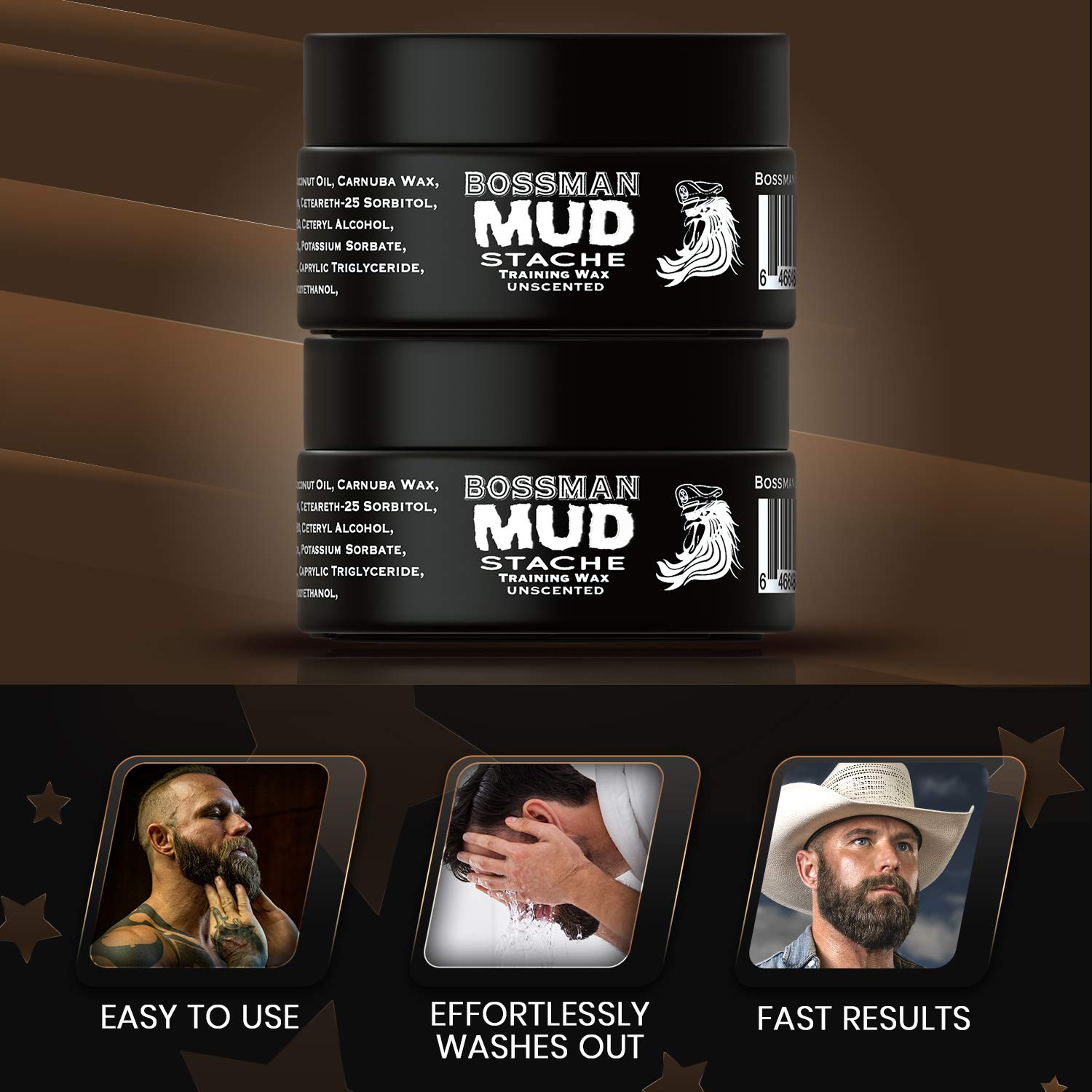 Bossman MUDstache Unscented Mustache Wax - 2 Pack - No Pull - Spreads Easy for a Strong Non-Tacky 24 hr Hold - Tame, Train and S