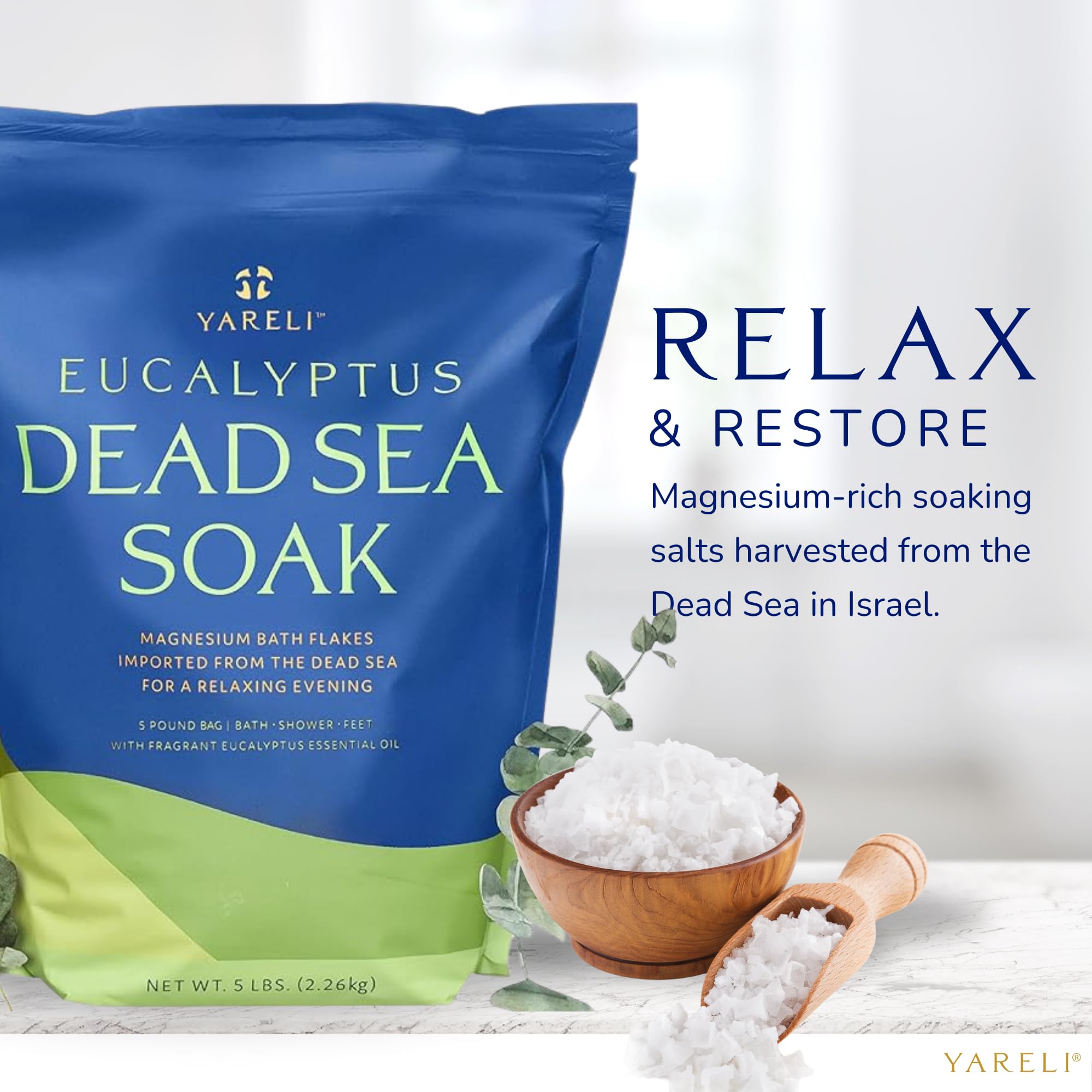 Yareli Dead Sea Bath & Foot Soak, Eucalyptus Magnesium Bath Salt Flakes, Alternative To Epsom Salt, 5Lbs With Over 250,000Mg Of