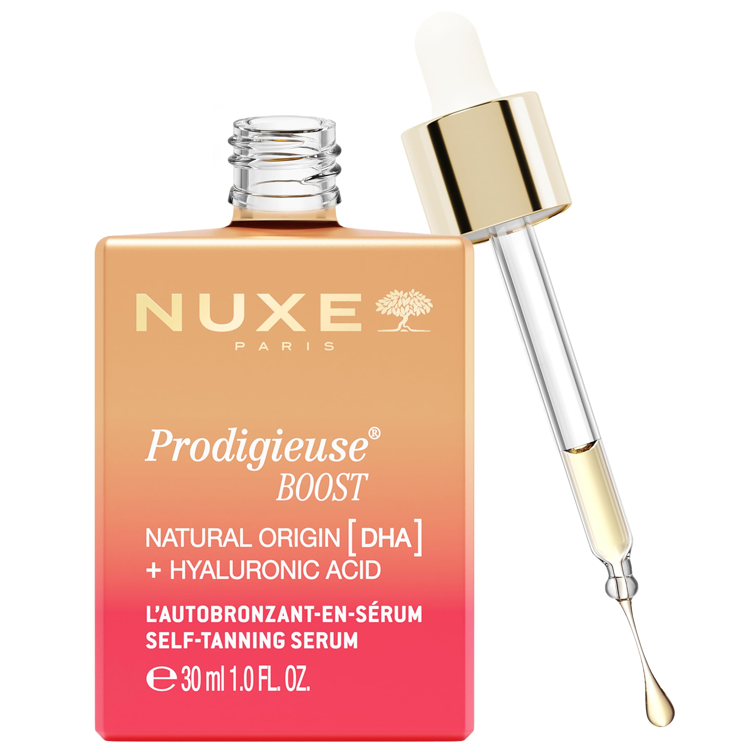 NUXE Prodigieuse Boost Self Tanning Drops for Face and Neck. Self Tan Serum with Hyaluronic Acid and 100% Natural DHA for a Grad