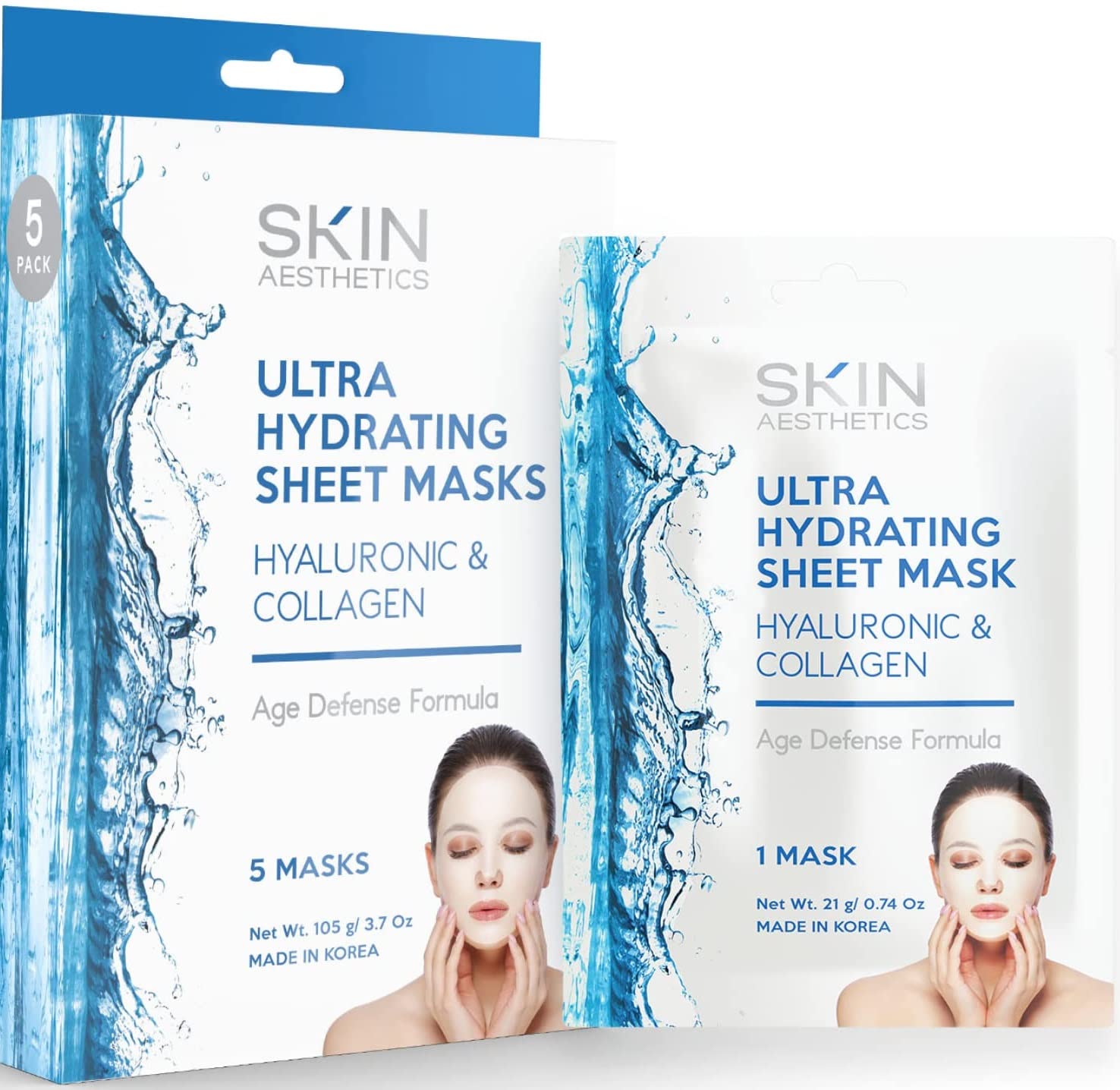 Skin Aesthetics Hyaluronic & Collagen Sheet Face Mask - Skin Firming & Anti-Aging, Moisturizes & Plumps Skin, Ultra Hydrating Sh