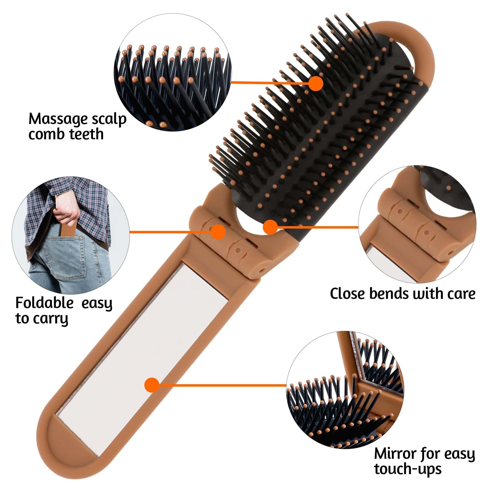 Mozeat Lens Travel Hair Brush, Compact Folding Hair Brush With Mirror, Portable Hair Comb For Gym, Trip, Purse, Swimming (Brown)