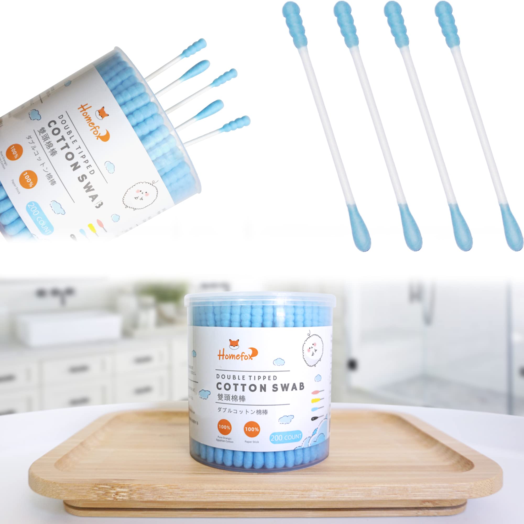 Homefox Black Cotton Swabs Spiral - 200 Count Organic Cotton Buds Gothic Bathroom Tightly Wrapped Charcoal Cotton Tips Paper Sti