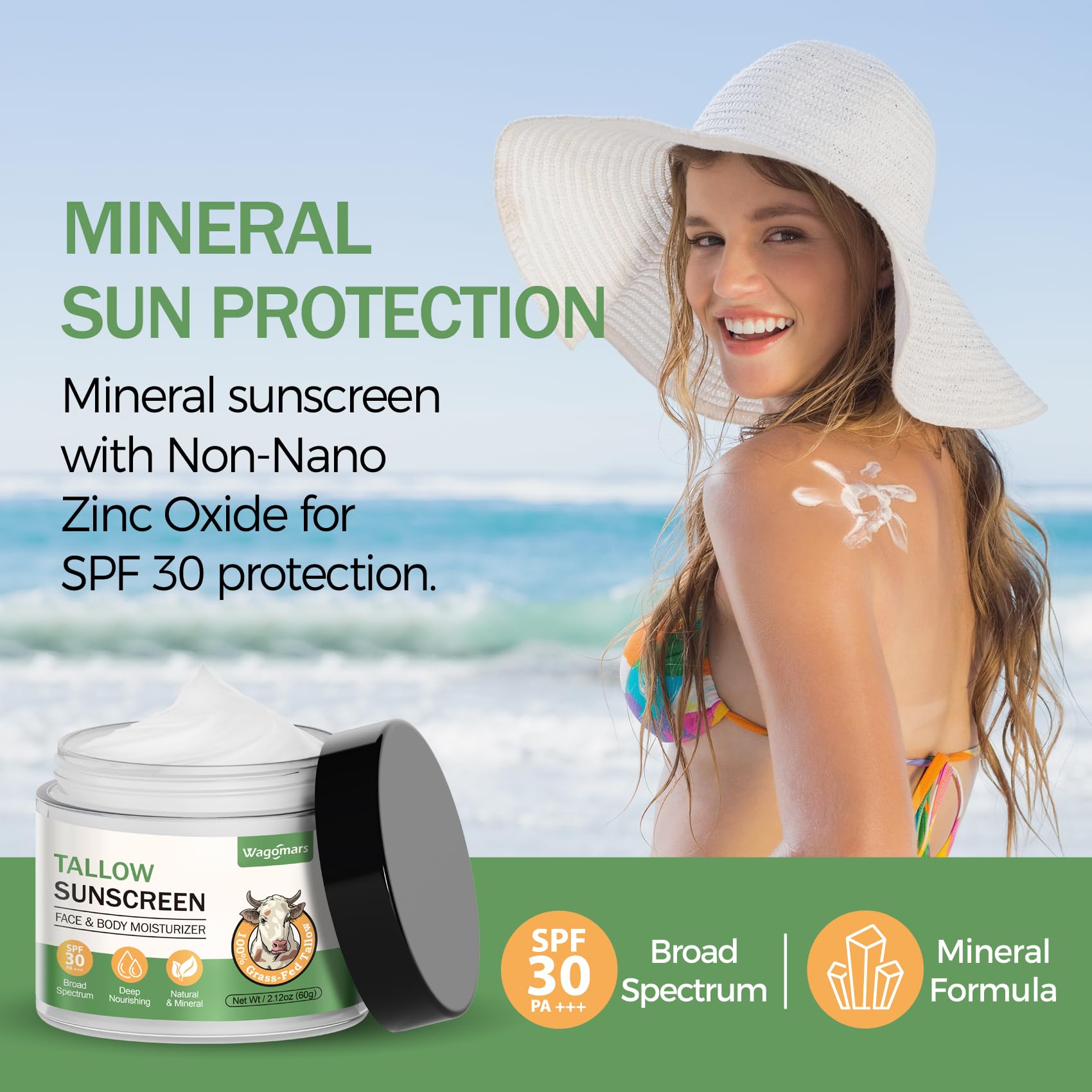 Wagomars Tallow Sunscreen SPF 30 - Non-Toxic Natural Mineral Sunscreen with Zinc Oxide & Beef Tallow - Organic Reef Safe Sunbloc