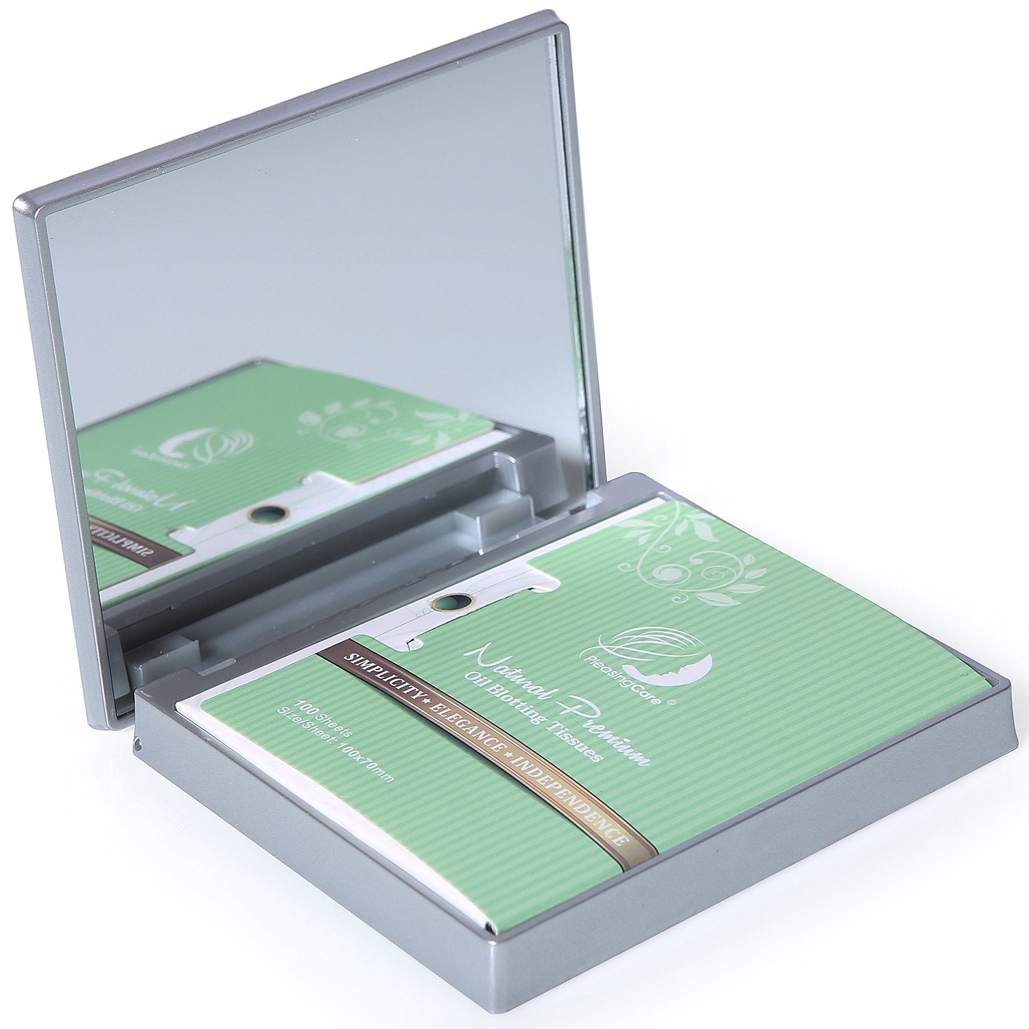 Makeup Mirror With Facial Oil Blotting Paper Sheets - Green Tea 100 Counts, Silver Compact Folding Cosmetic Travel Mirror
