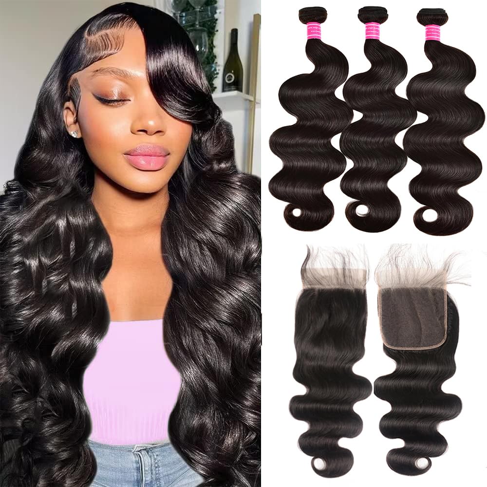 10A Body Wave Bundles with Closure (24 26 28+20) Brazilian Human Hair 3 Bundles with 4x4 Lace Closure 100% Unprocessed Virgin Ha
