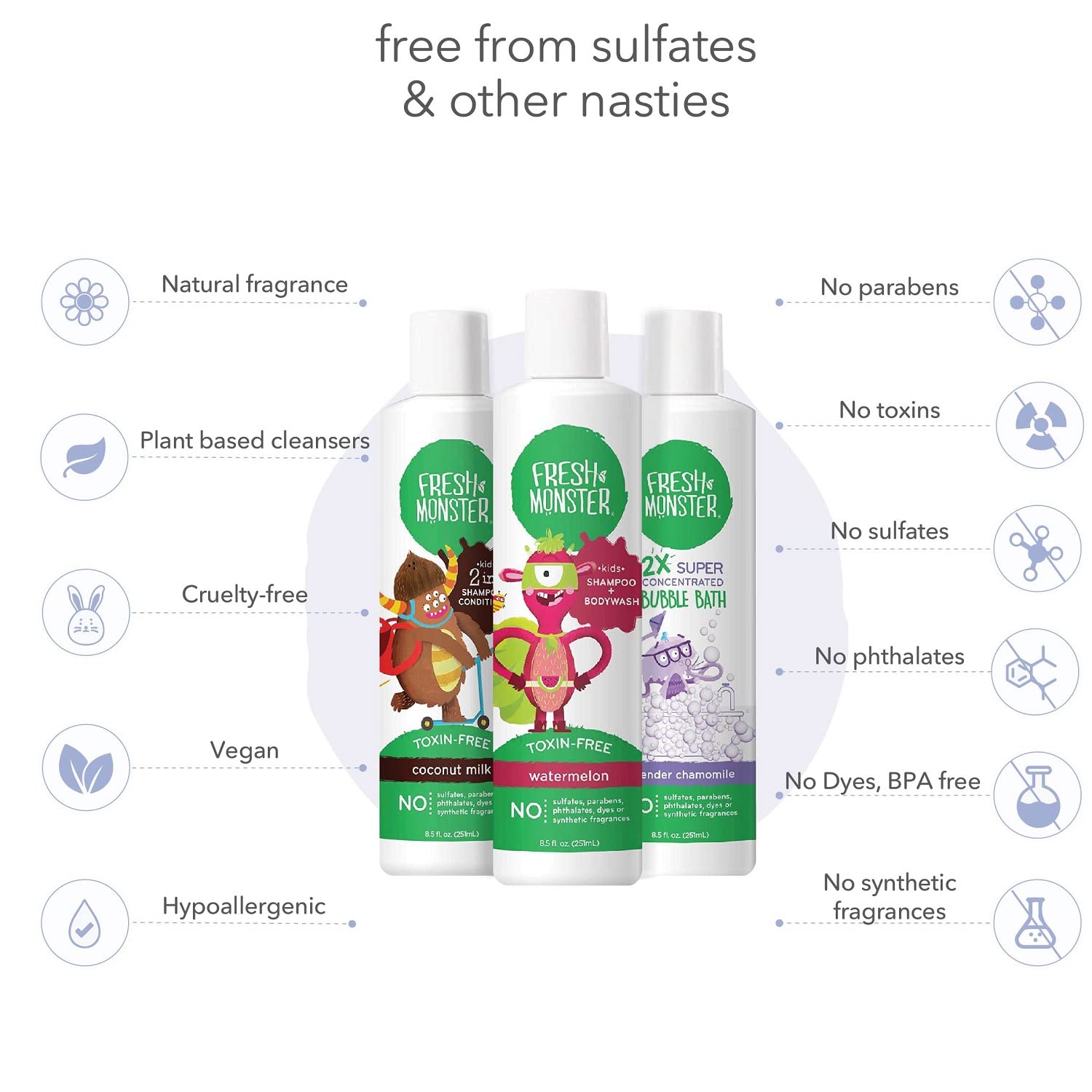 Fresh Monster Kids & Baby Gift Set, Natural, Toxin-Free Shampoo & Conditioner, Body Wash, And Bubble Bath (3 Piece Set, 8.5Oz/Ea