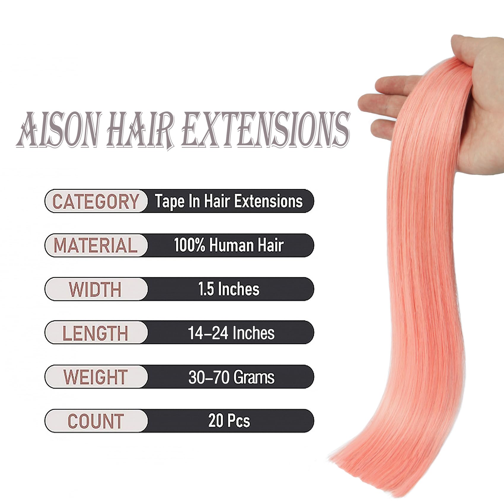 Aison Tape In Hair Extensions Pink 100% Remy Human Hair Extensions Silky Straight For Fashion Women 20 Pcs/Package(20Inch #Pink