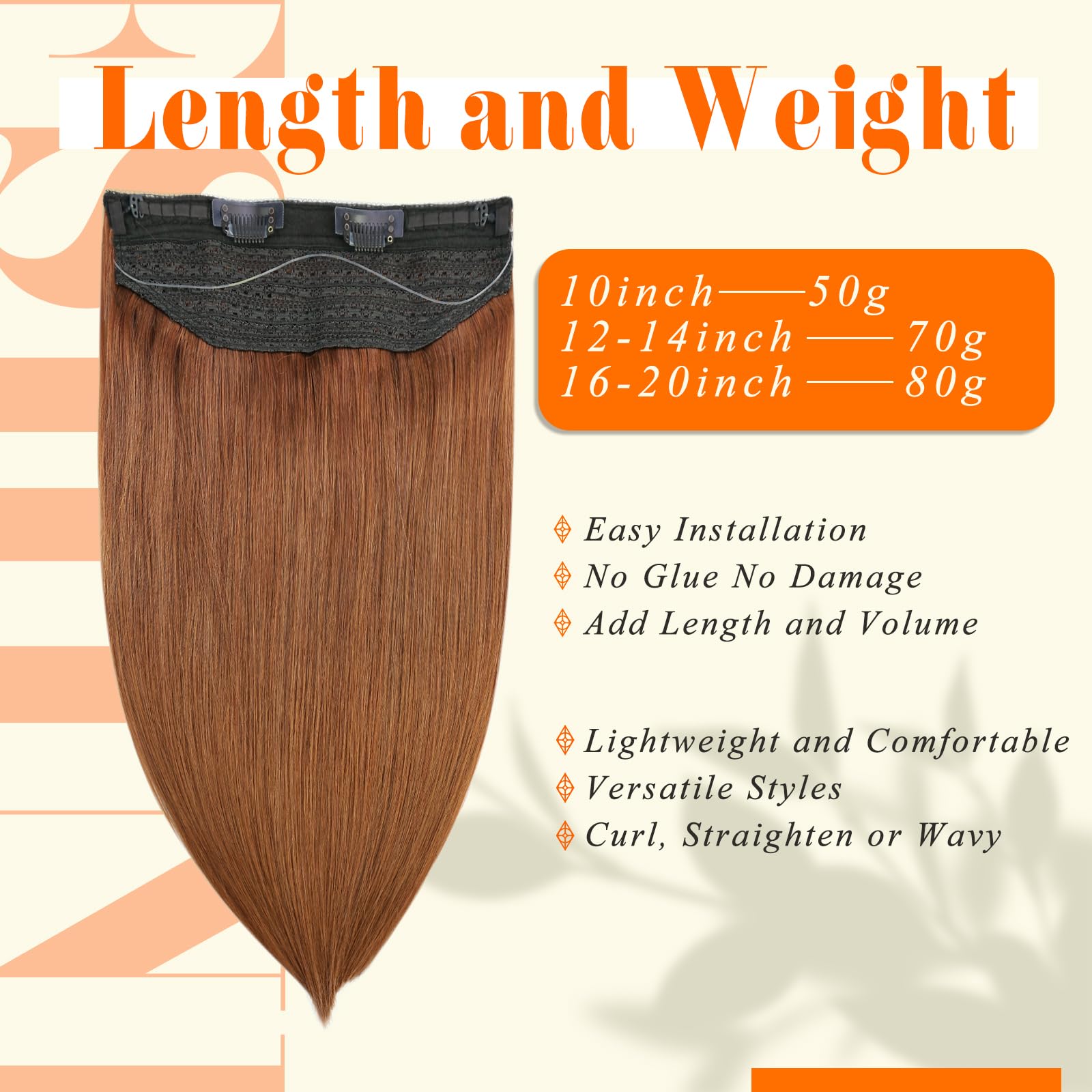 Fshine Invisible Wire Hair Extensions Copper 12 Inch Seamless Wire Hair Extensions Real Human Hair Color 330 Pumpkin Spice One P