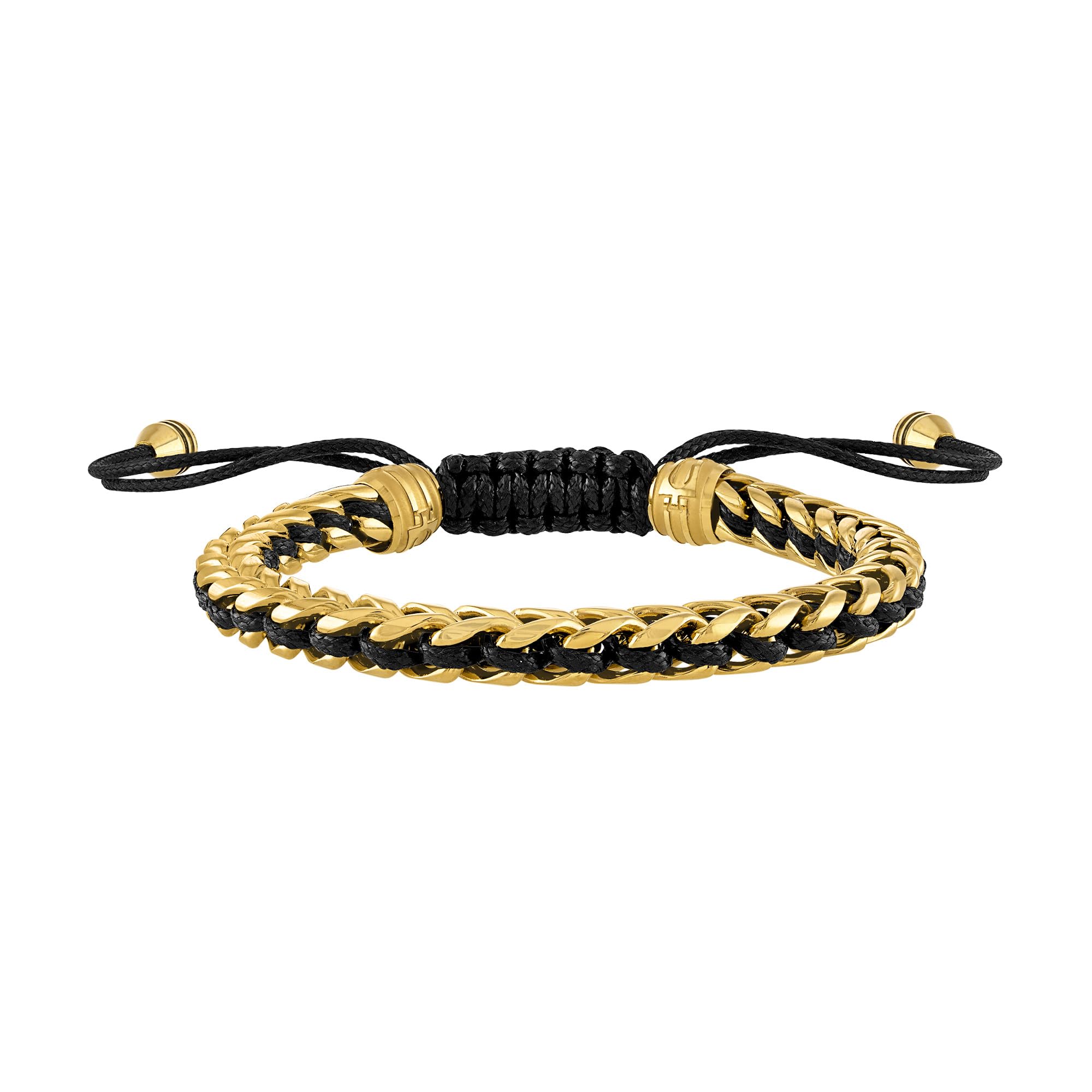 Bulova Mens Jewelry Classic Polished Stainless Steel Link Braided with Black Cord Bolo Bracelet, Sliding Clasp