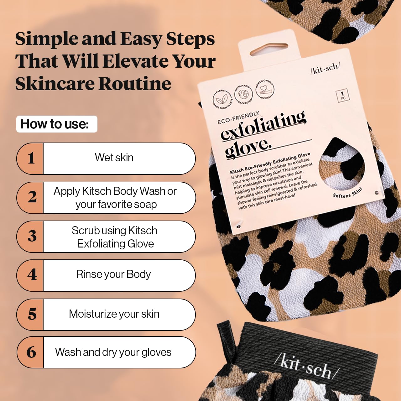 Kitsch Exfoliating Glove, Eco Friendly Exfoliating Body Scrubber, Dead Skin Remover & Body Exfoliator, Exfoliating Mitt For Skin