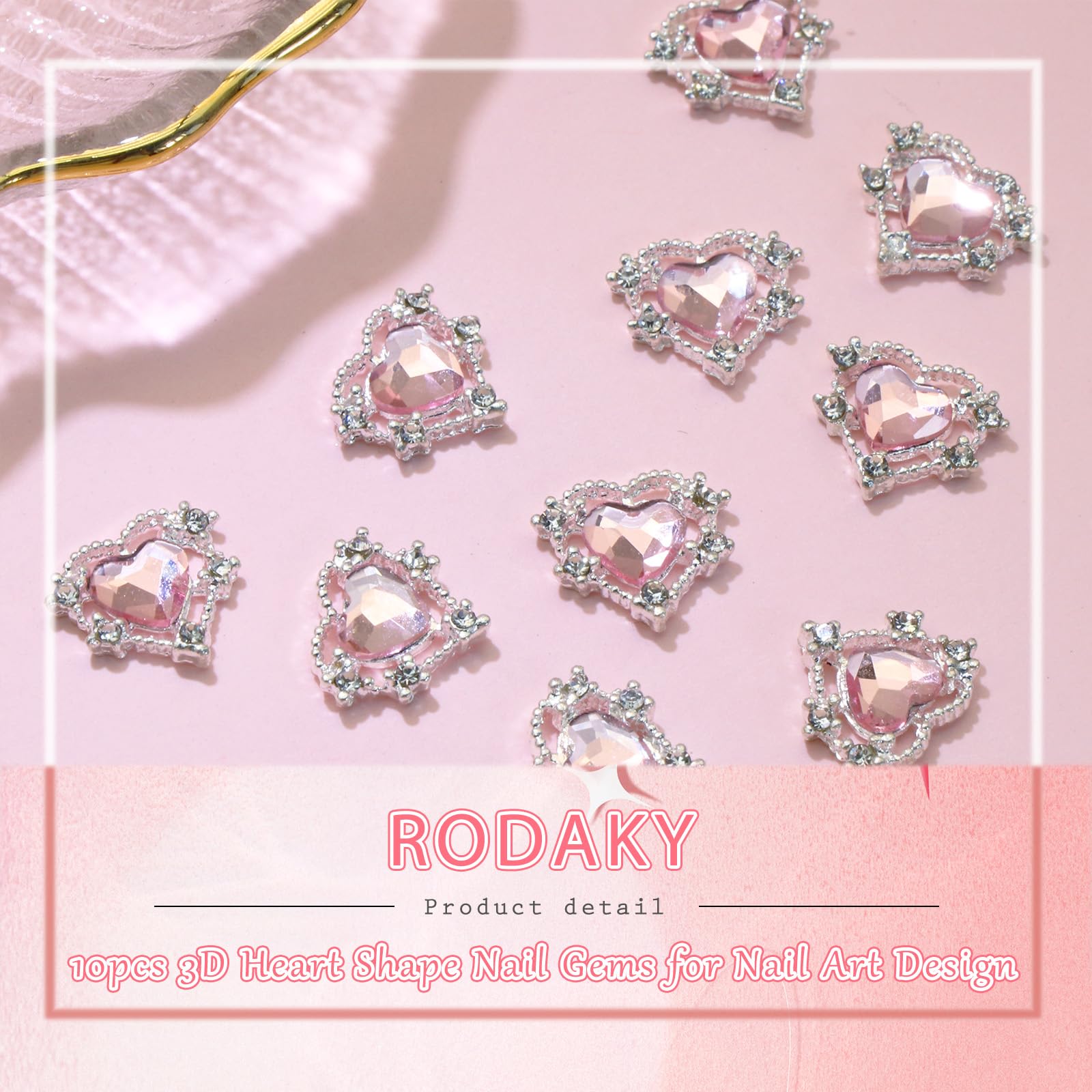 Rodaky 10Pcs Heart Nail Charms 3D Pink Heart Nail Art Jewelry With Rhinestones Shiny Nail Gems Cute Nail Decoration For Manicure