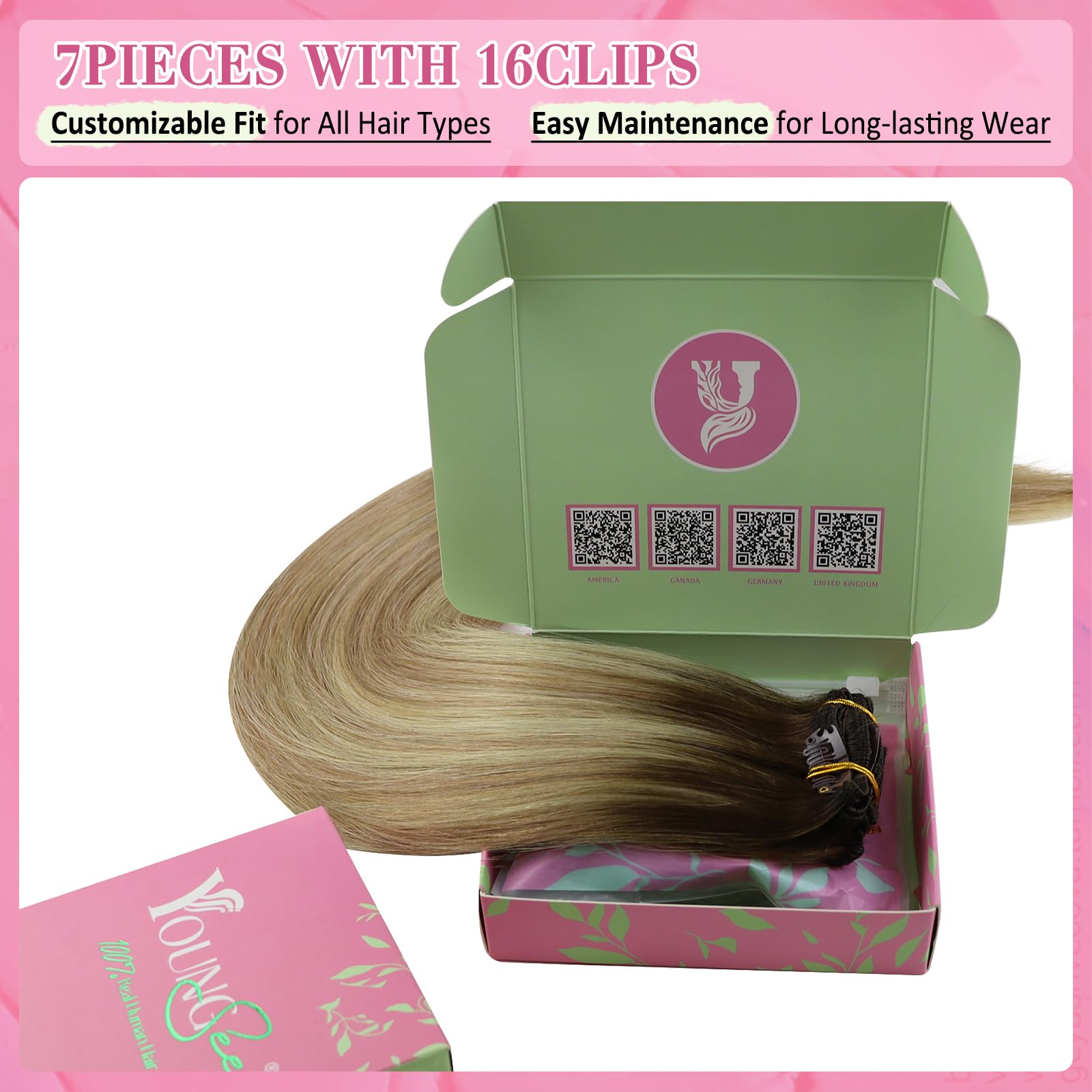 YoungSee Clip on Extensions Brown Ombre Clip in Hair Extensions Dark Brown Ombre Light Brown with Blonde Hair Extensions 12Inch