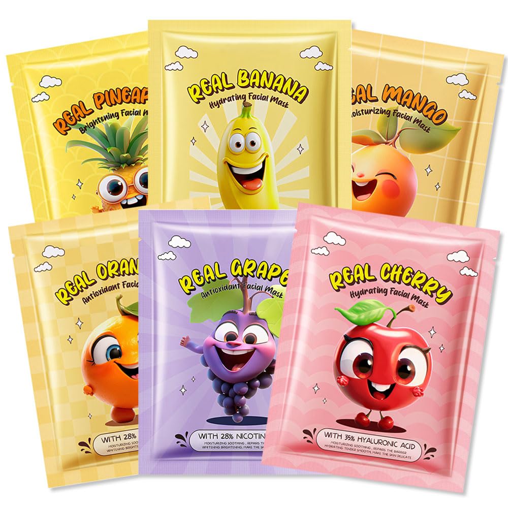 Kaely 6 Pack Fruit Face Masks For Kids, Spa Party Facial Mask Skincare Set, Sheet Masks Skin Care, Moisturize Brighten Soothe Fo