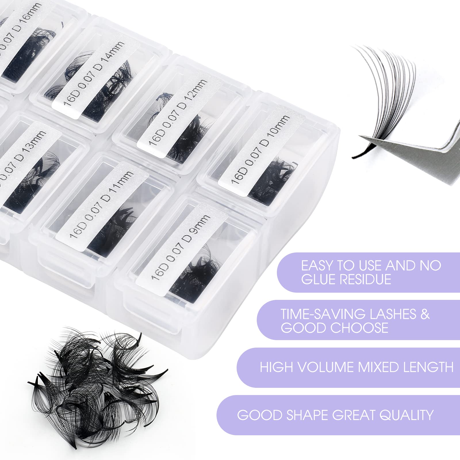 Wendy Lashes Eyelashes 1200Pcs False, Premade Fans 16D Volume, Loose Promade D Curl, Mixed 9-20Mm, Silk Material, Natural, Indiv