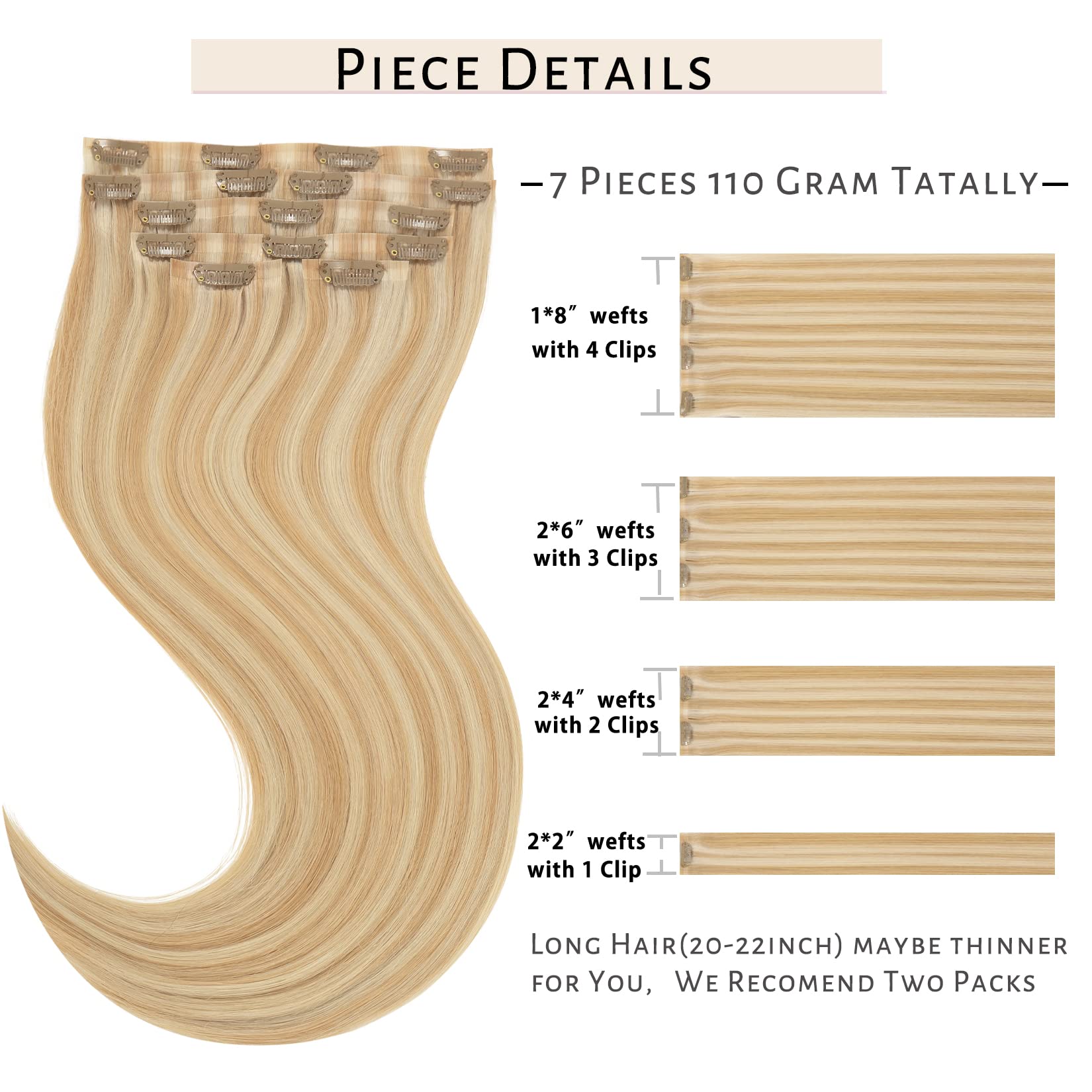 Caliee Human Hair Clip In Hair Extensions P12-60A Light Golden Brown And Highlight Platinum Blonde Clip In Hair Extensions Real