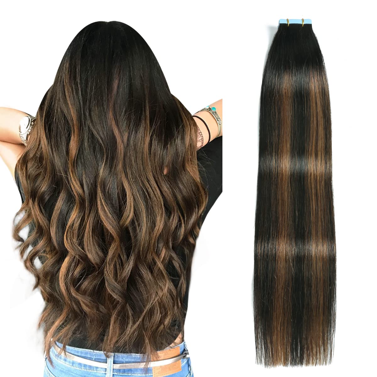 Suyya Tape In Hair Extensions Human Hair Balayage Natural Black To Chestnut Brown 12 Inch 40G/Pack 20Pcs Straight Seamless Skin