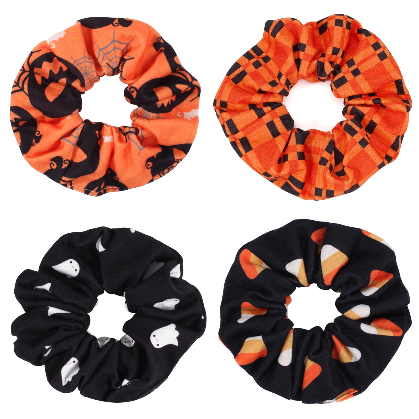 Bookay Halloween Hair Scrunchies Soft Fall Pumpkin Ghost Spider Web Bat Hair Ties Scrunchy Elastics Candy Fall Orange Plaid Hair