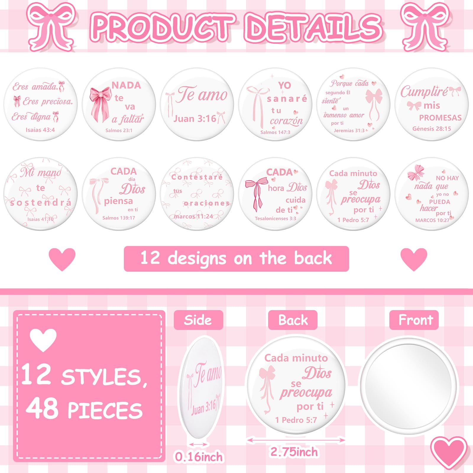 Namalu 48 Pcs Pink Bow Coquette Mini Pocket Mirrors Breast Cancer Awareness Inspirational Christian Gifts Bulk for Women Portabl
