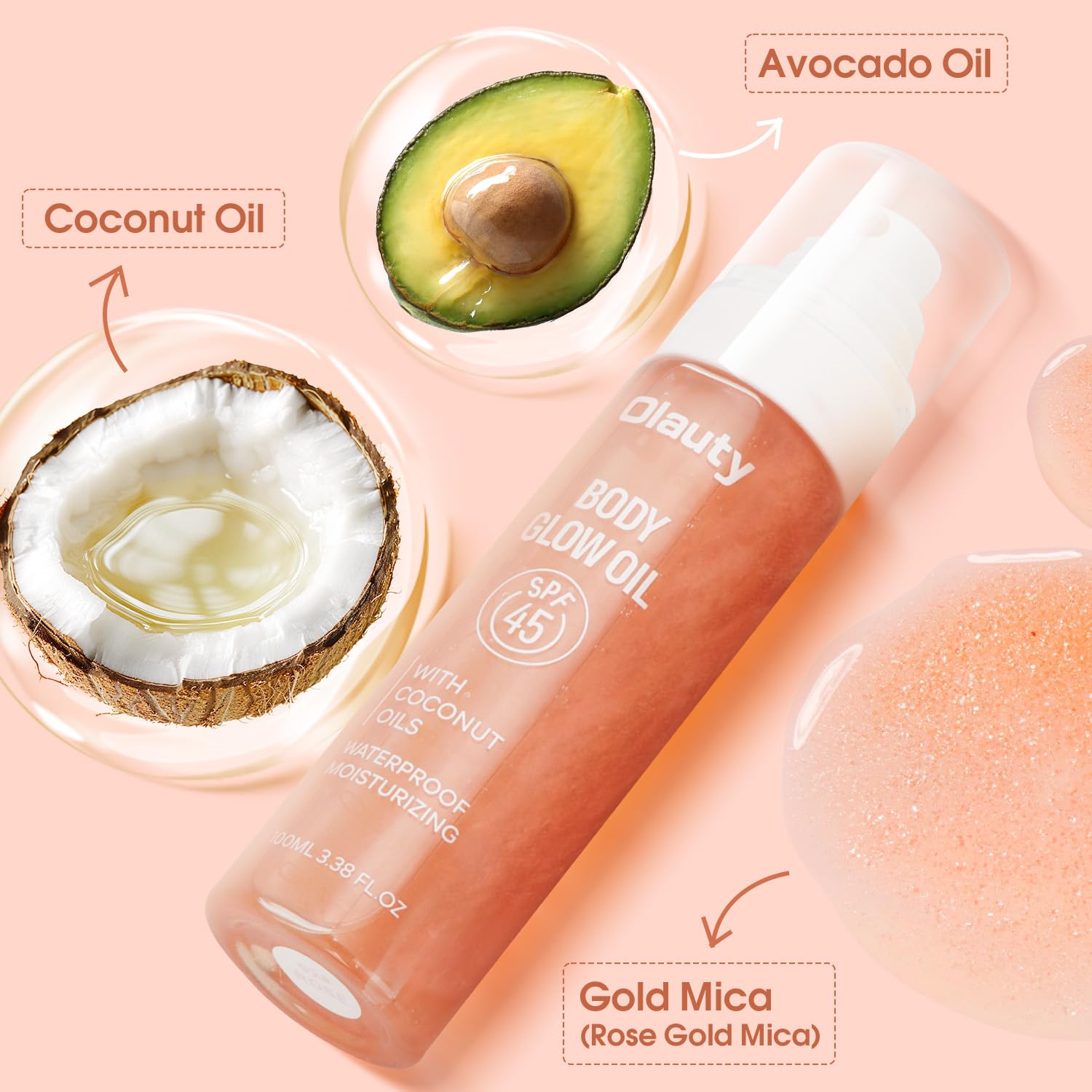 Glow Oil, SPF45 Moisturizing Body Oil Shimmer Sunscreen with Coconut Oil for Dry Skin Nourishing Glowing Skin Care Body Shimmer