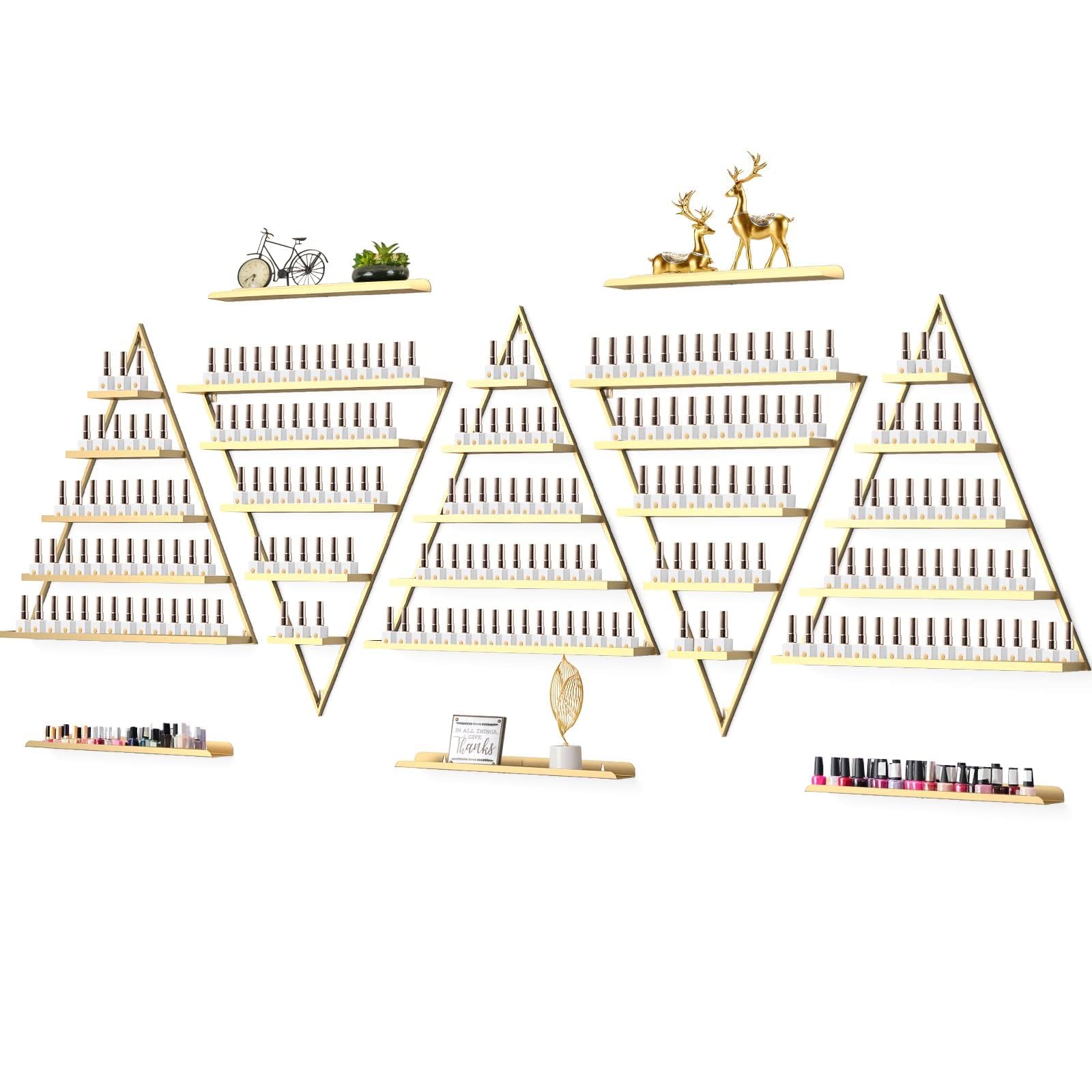 10PCS Metal Wall-mounted Nail Polish Storage Racks, Lorvain 5 Tiers Gold Triangular Display Rack Cosmetic Display Cases Lipstick