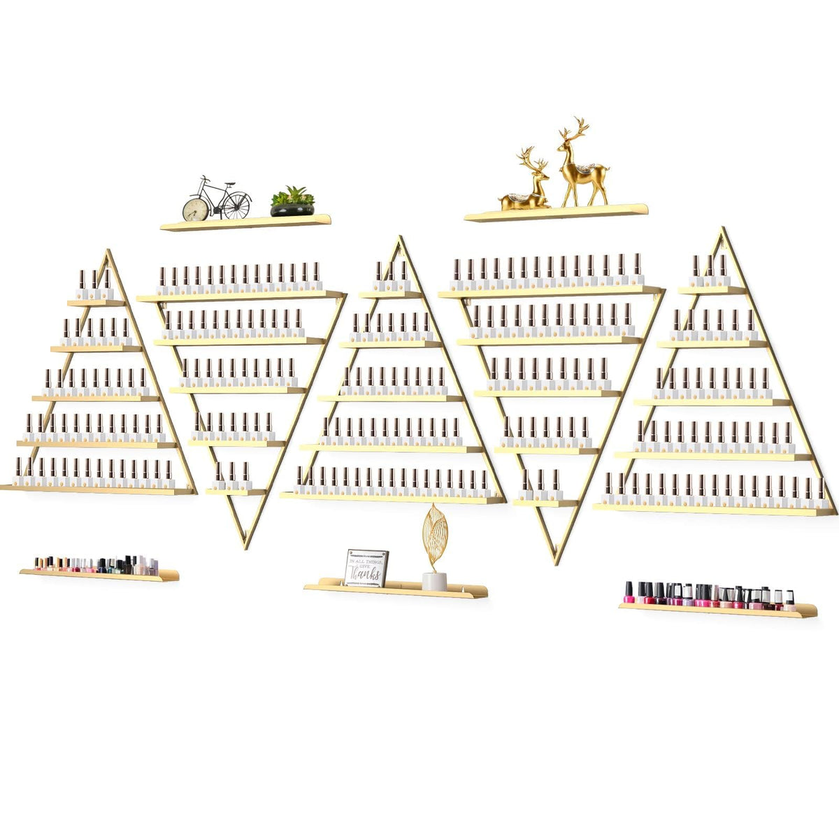 10PCS Metal Wall-mounted Nail Polish Storage Racks, Lorvain 5 Tiers Gold Triangular Display Rack Cosmetic Display Cases Lipstick
